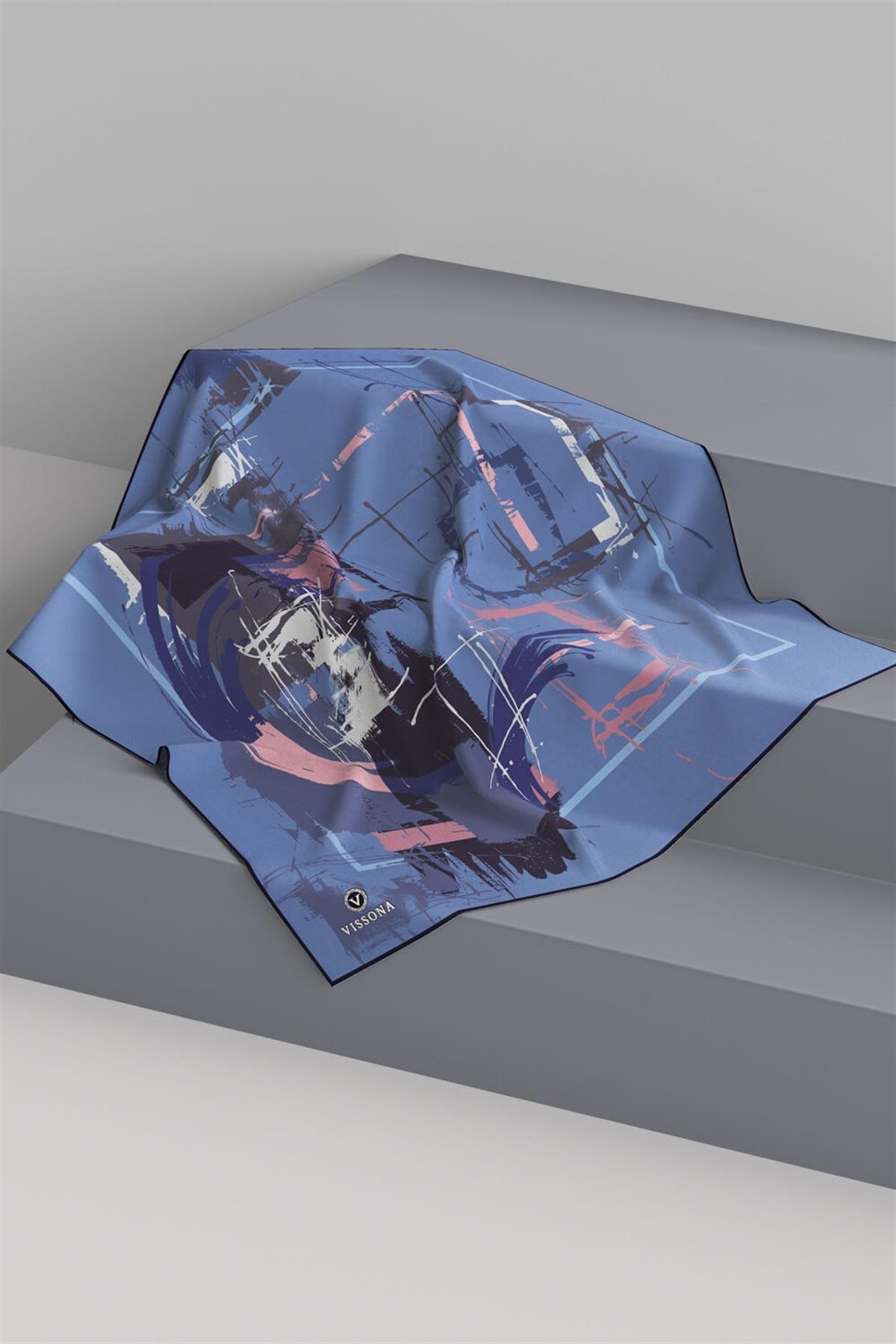%57 İPEK %43 VİSKON Twill İpek Geometrik Desenli İndigo - Gül Kurusu Renkli 90x90 Eşarp Dikim Şekli : El Dikişi