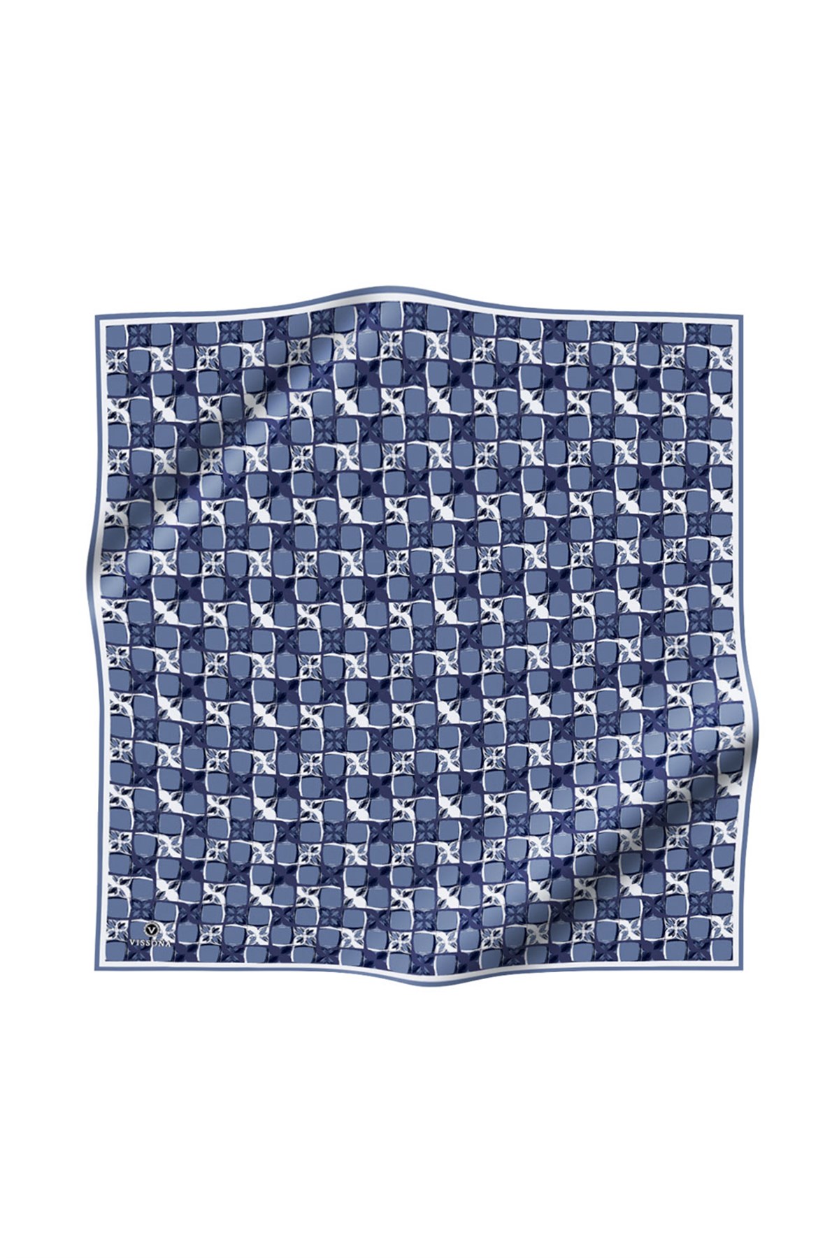 %100 Twill İpek Geometrik Desenli İndigo - Lacivert Renkli 90x90 Eşarp Dikim Şekli : El Dikişi