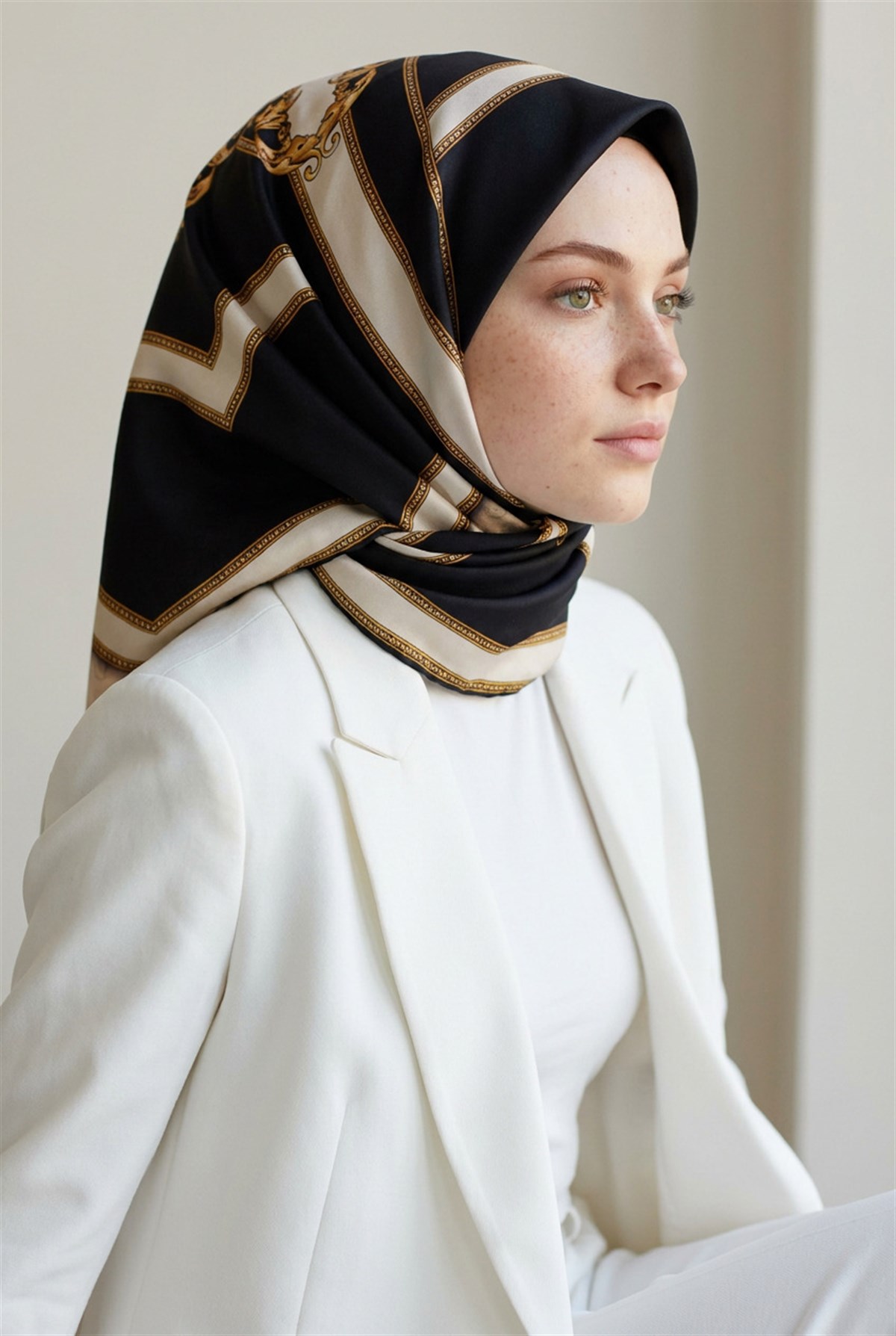 %100 Twill İpek Monogram ve Barok Desenli Krem - Siyah Renkli 90x90 Eşarp Dikim Şekli : El Dikişi