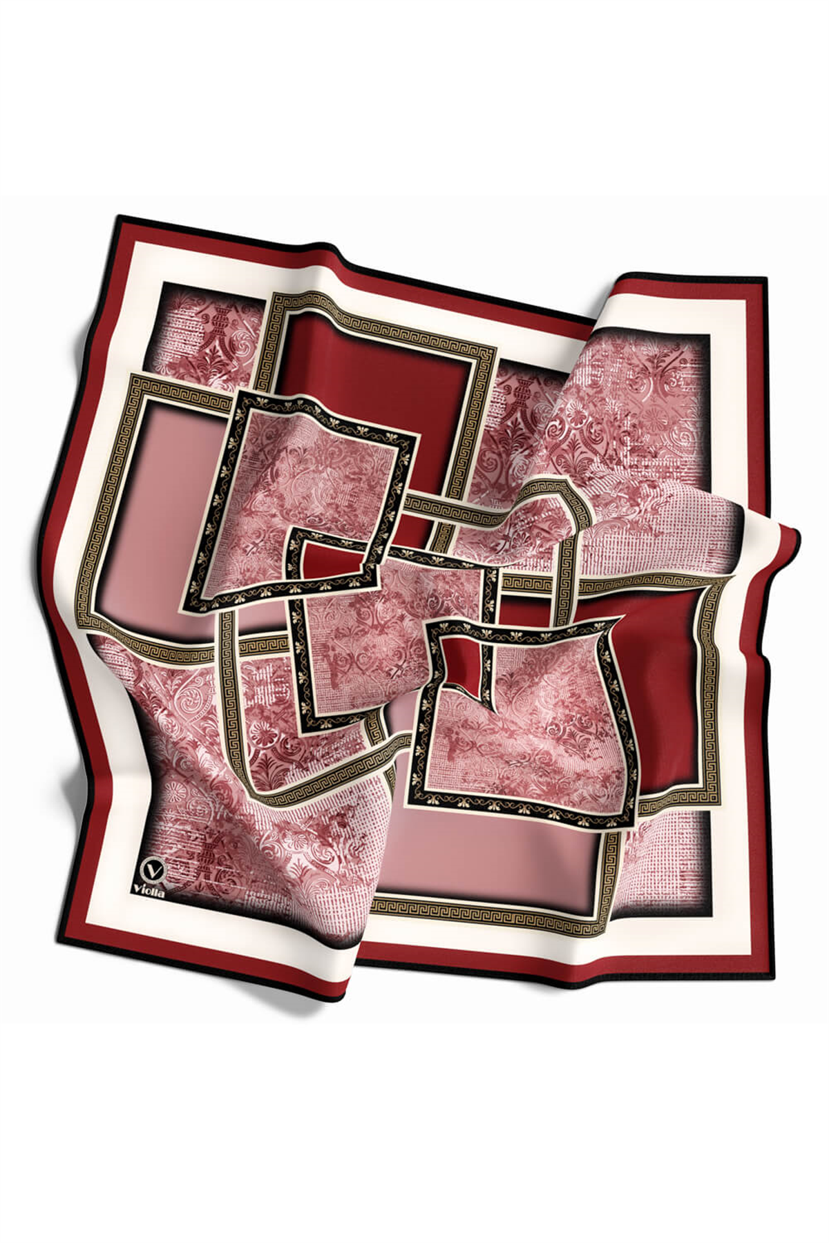 Twill Geometrik Desenli Bordo Renkli 90x90 Eşarp (İpek İçermez) Kenar Dikiş Şekli El Dikişli