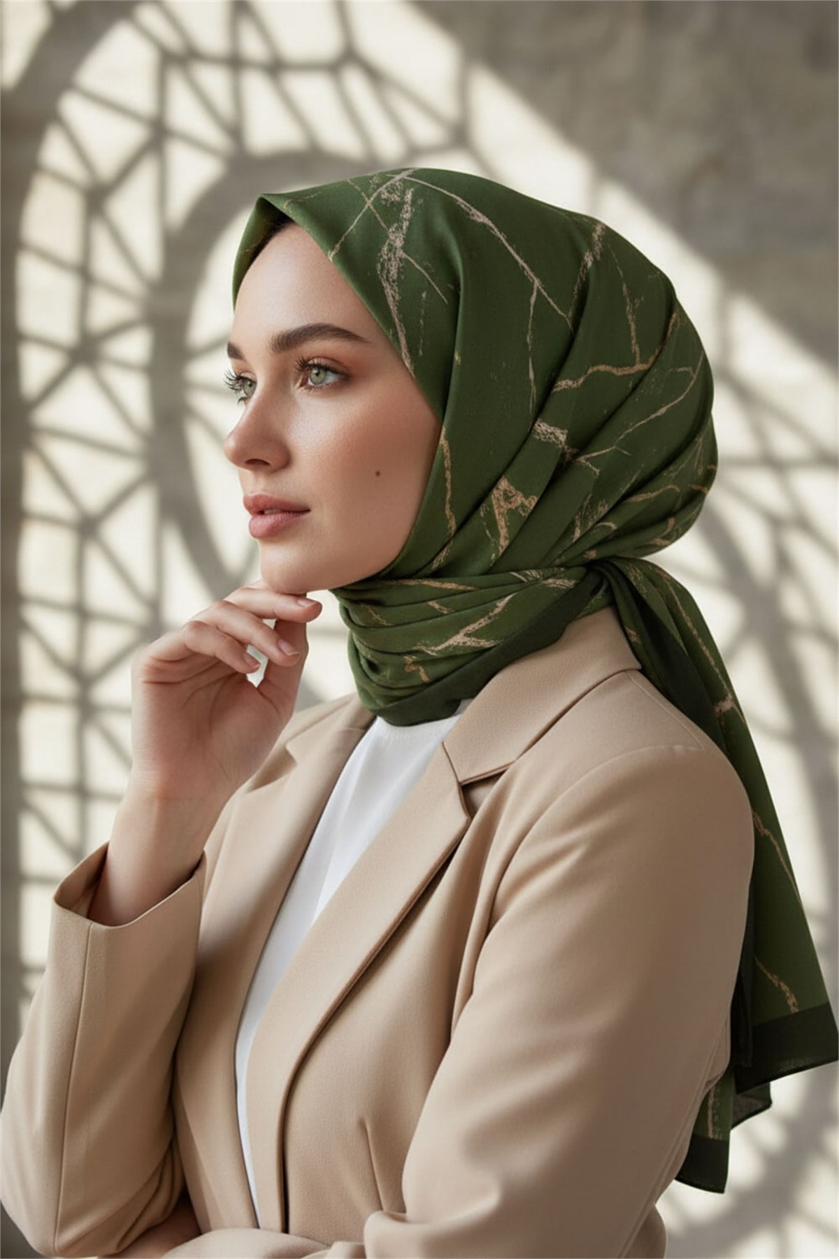 KREP MERMER DESENLİ HAKİ YEŞİLİ RENKLİ 75X195 KIRIŞMAZ ŞAL