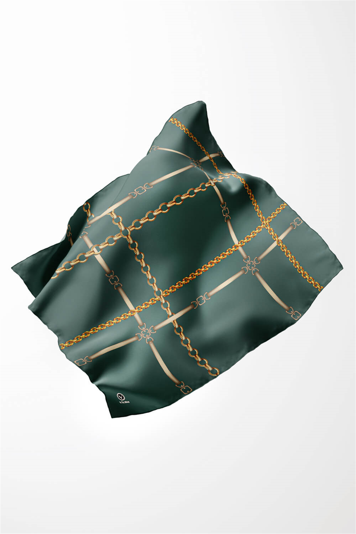 Twill Zincir ve Kemer Desenli Benetton Yeşili Renkli 90x90 Eşarp (İpek İçermez) Kenar Dikiş Şekli El Dikişli
