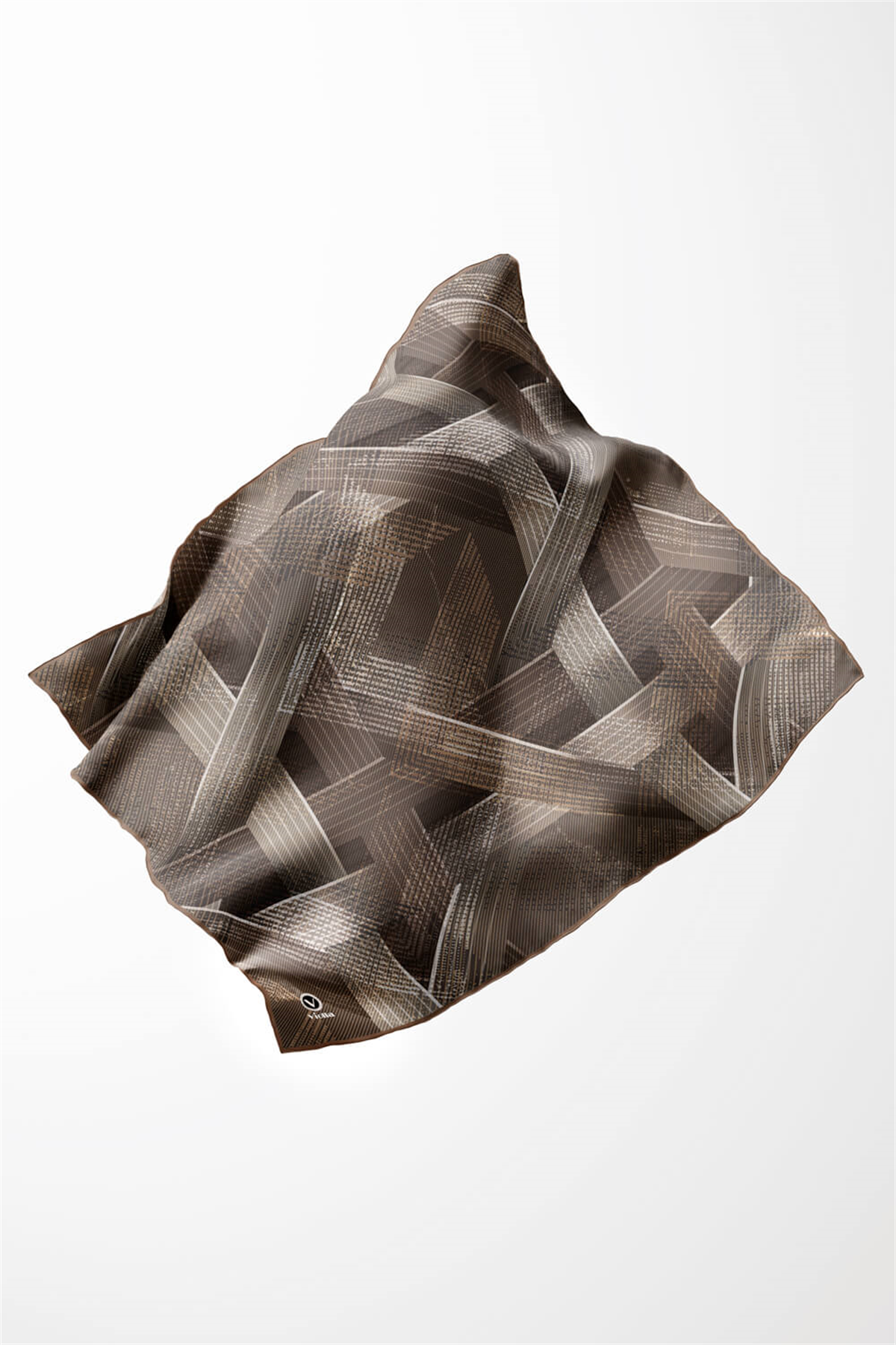 Twill Dokulu Geometrik Desenli Bej  Renkli 90x90 Eşarp (İpek İçermez) Kenar Dikiş Şekli El Dikişli