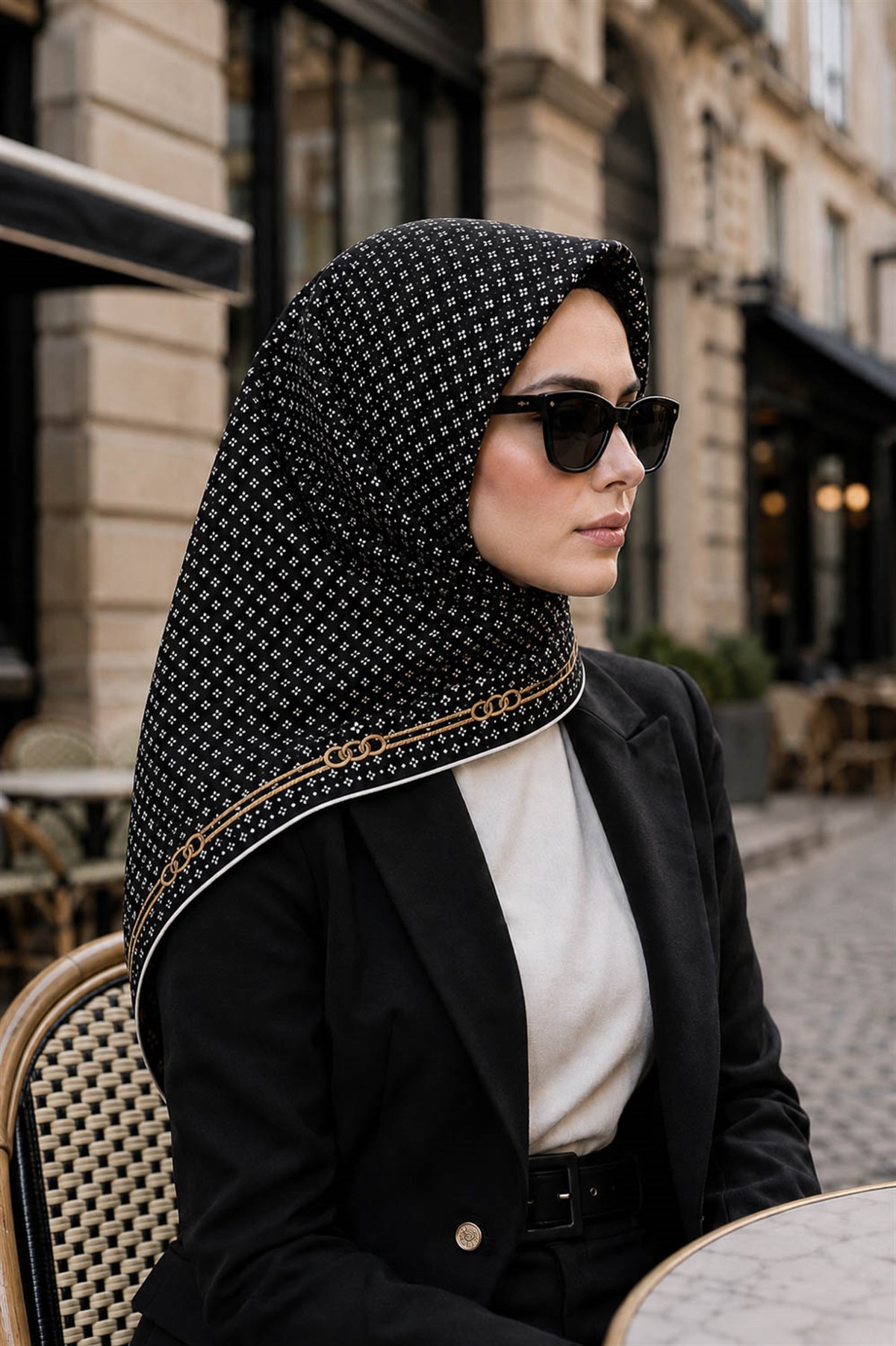 %57 İPEK %43 VİSKON Twill İpek Zincir Desenli Siyah - Krem Renkli 90x90 Eşarp Dikim Şekli : El Dikişi