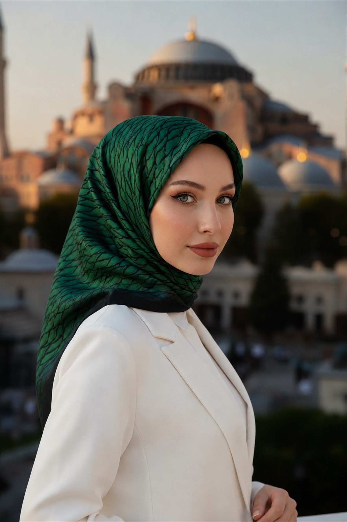 %100 Twill İpek File Desenli Zümrüt Yeşili - Siyah Renkli 90x90 Eşarp Dikim Şekli : El Dikişi