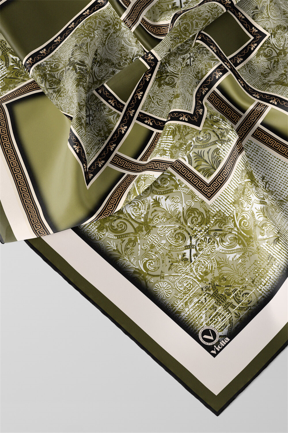 Twill Geometrik Desenli Haki Renkli 90x90 Eşarp (İpek İçermez) Kenar Dikiş Şekli El Dikişli
