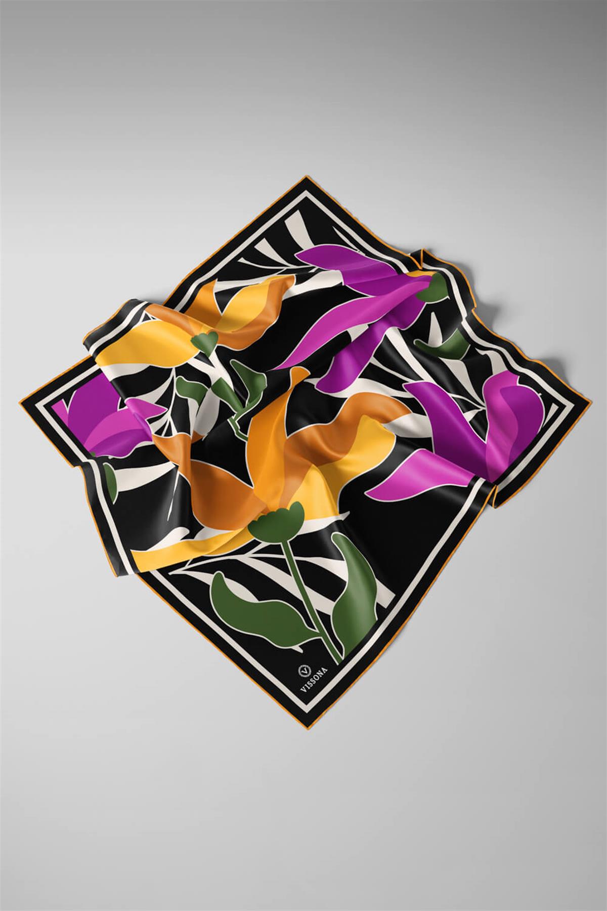 %100 Twill İpek Yaprak Desenli Pembe - Hardal Renkli 90x90 Eşarp Dikim Şekli : El Dikişi