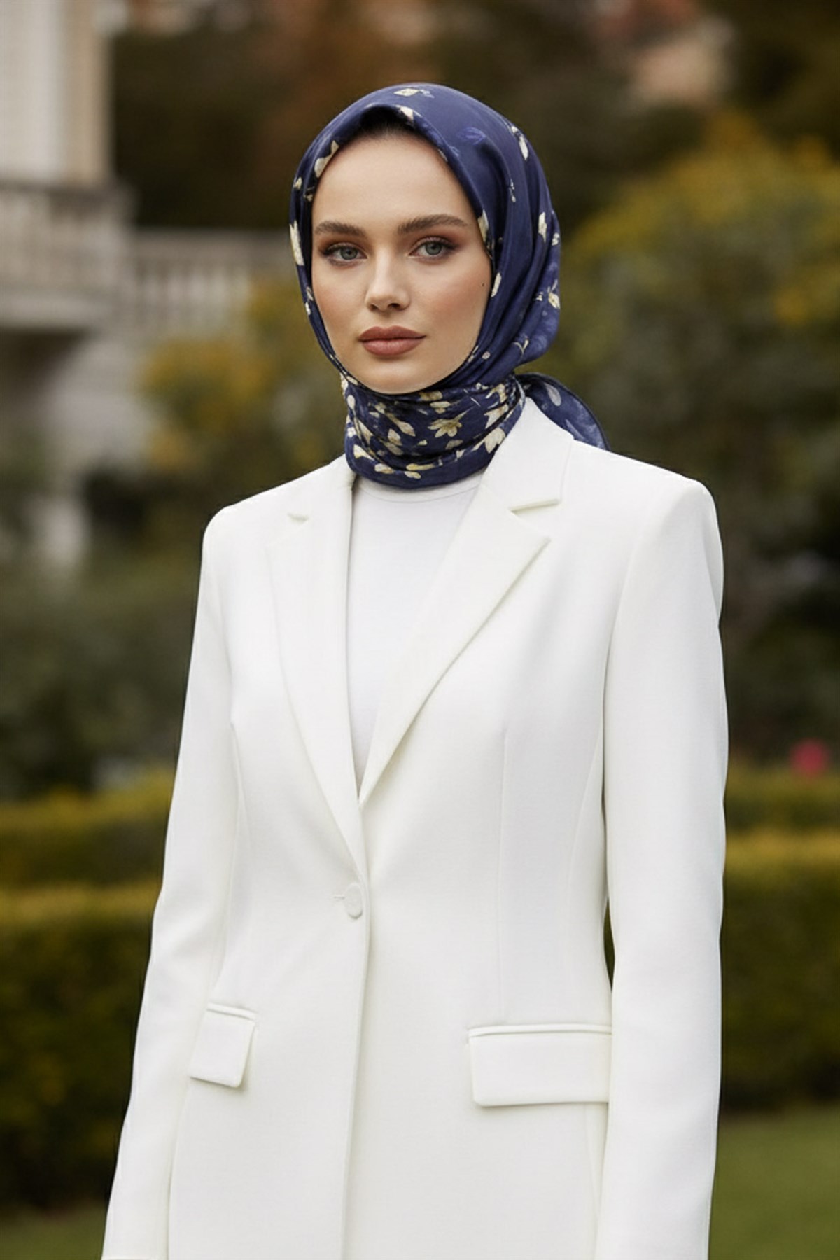 %100 Twill İpek Çiçek Desenli Lacivert Renkli 90x90 Eşarp Dikim Şekli : El Dikişi