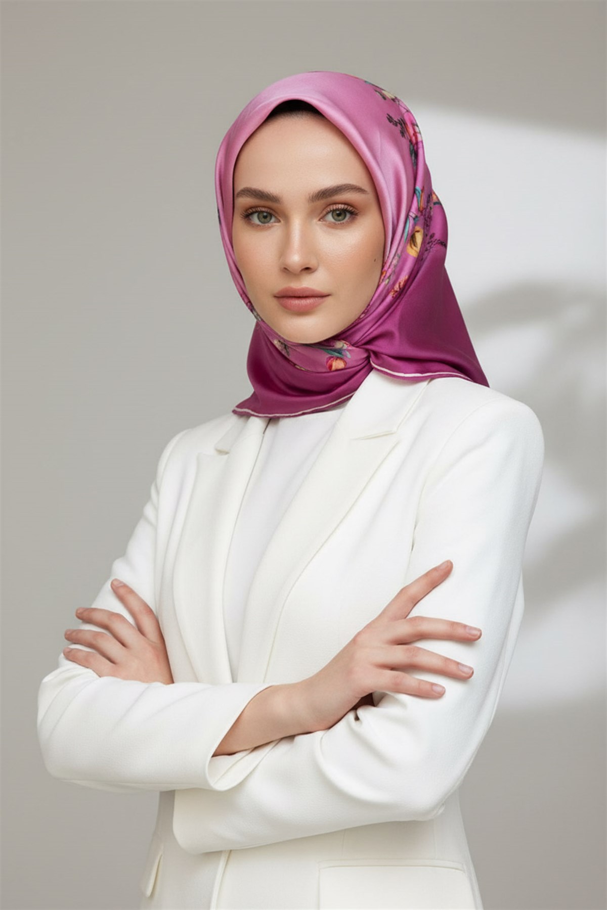 %100 Twill İpek Sonsuz Çiçek Desenli Pembe Renkli 90x90 Eşarp Dikim Şekli : El Dikişi