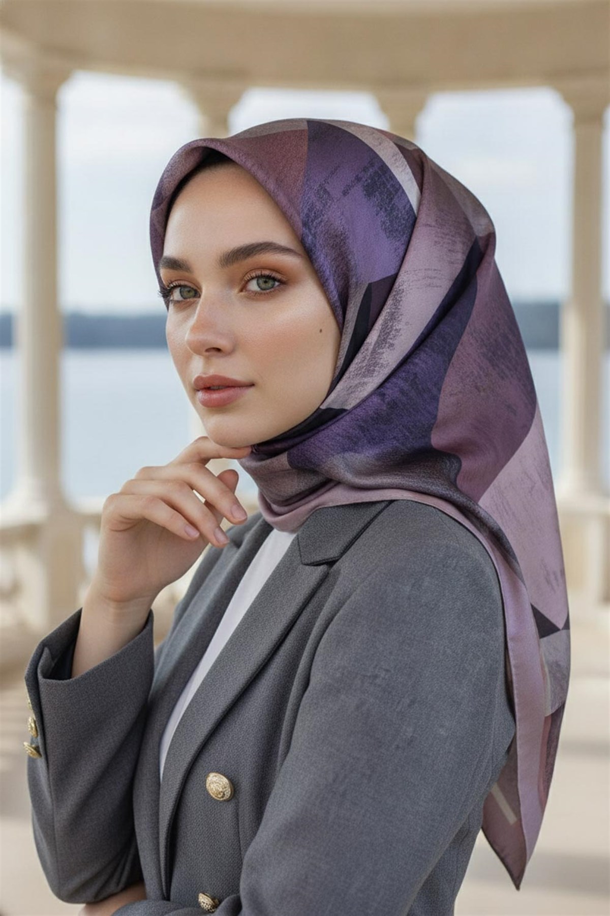 %100 Twill İpek Geometrik Desenli Lila - Pembe Renkli 90x90 Eşarp Dikim Şekli : El Dikişi