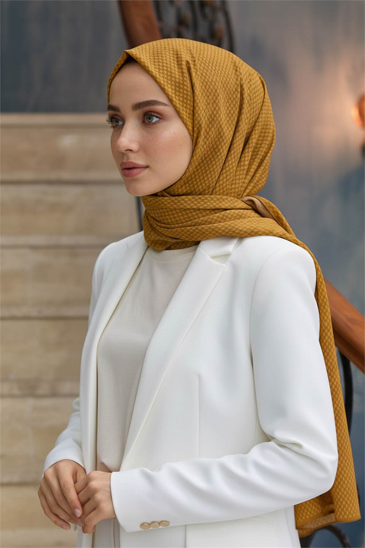 KREP HASIR DESENLİ HARDAL RENKLİ 75X195 KIRIŞMAZ ŞAL