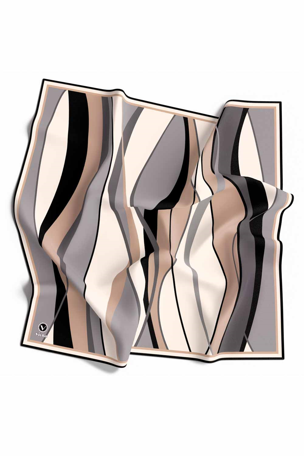 Rayon Modern Dalgalı Çizgi Desenli Gri Renkli 90x90 Dikim Şekli : El Dikişi Eşarp (İpek İçermez)