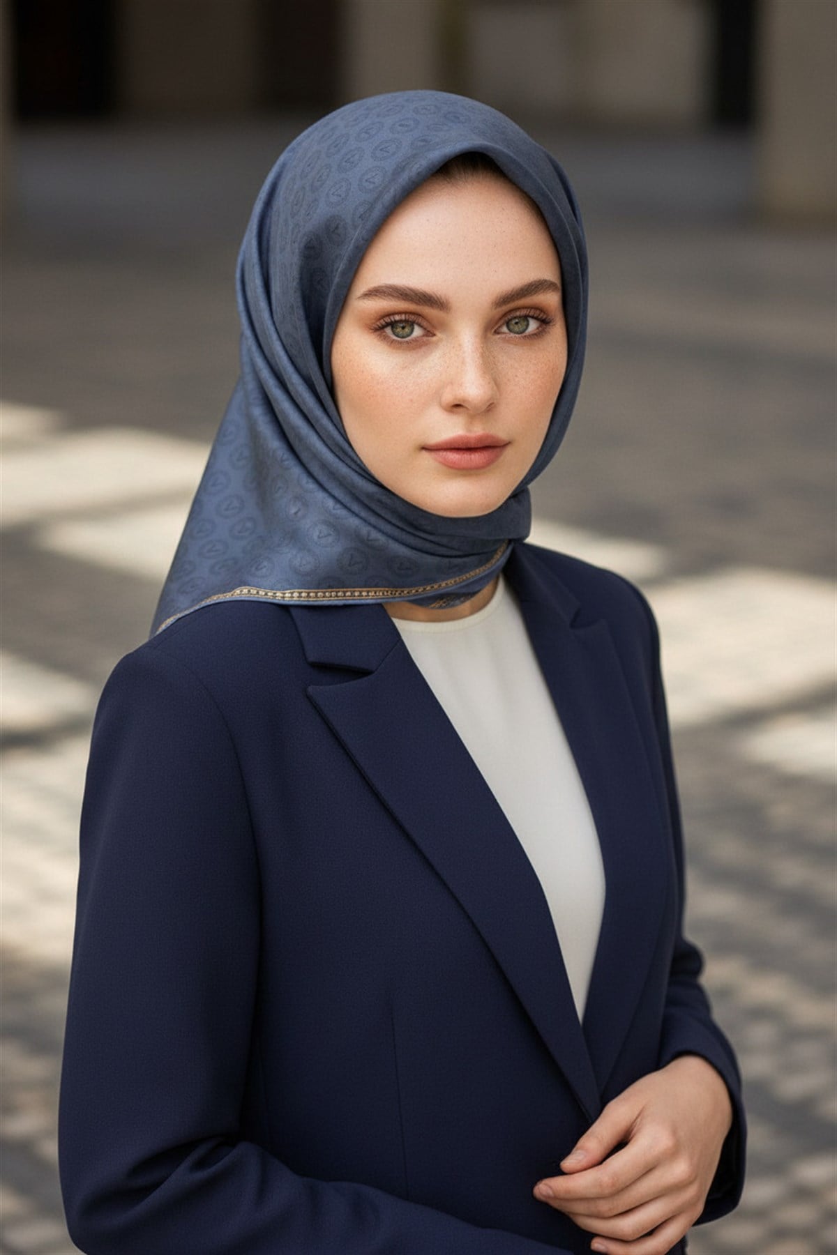 %100 Twill İpek Monogram Desenli İndigo Renkli 90x90 Eşarp Dikim Şekli : El Dikişi