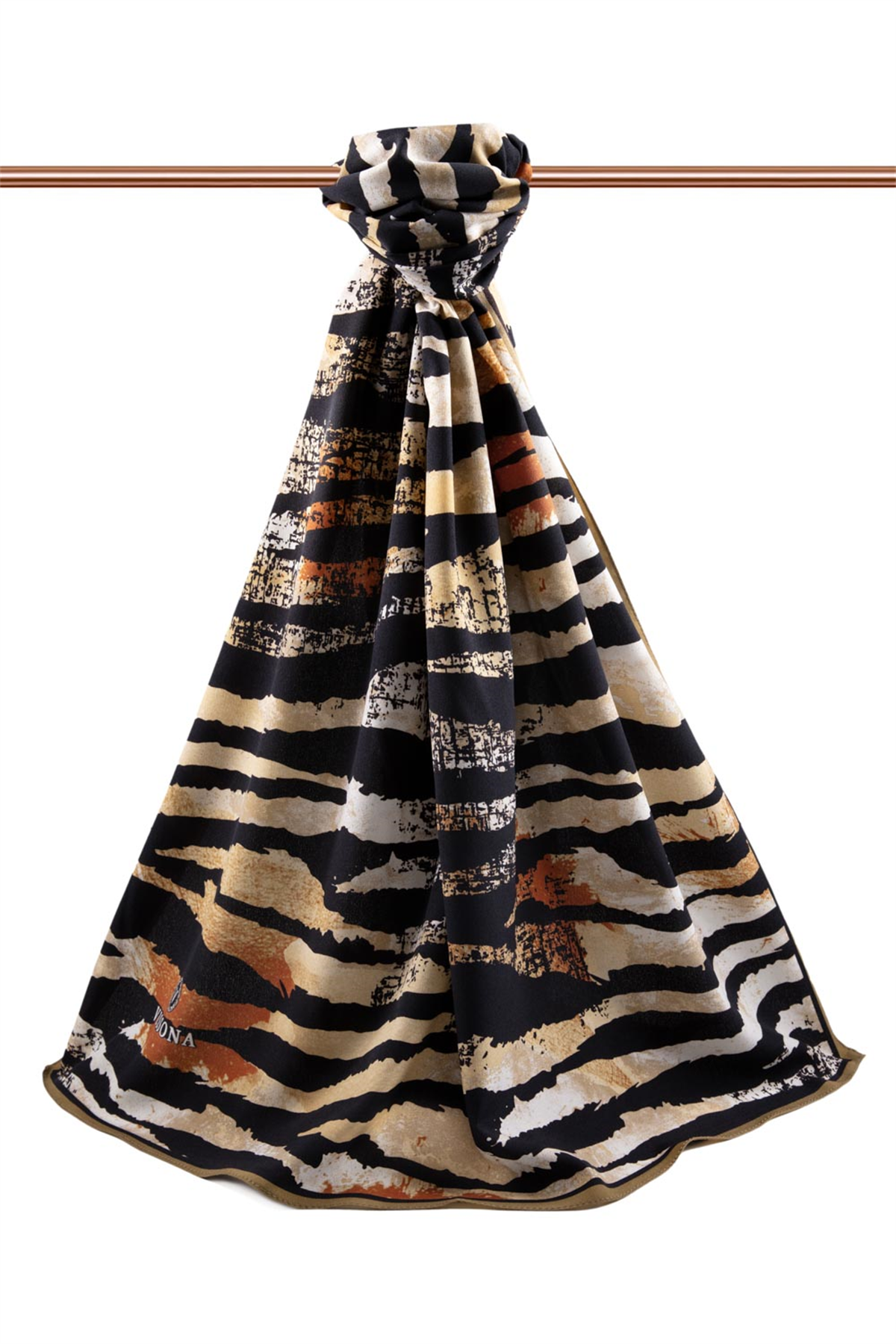 LÜKS MEDİNE İPEĞİ ZEBRA DESENLİ TABA - SİYAH RENKLİ 75X195 KIRIŞMAZ ŞAL MOSS KREP DİKİŞ TİPİ İTALYAN DİKİŞLİ