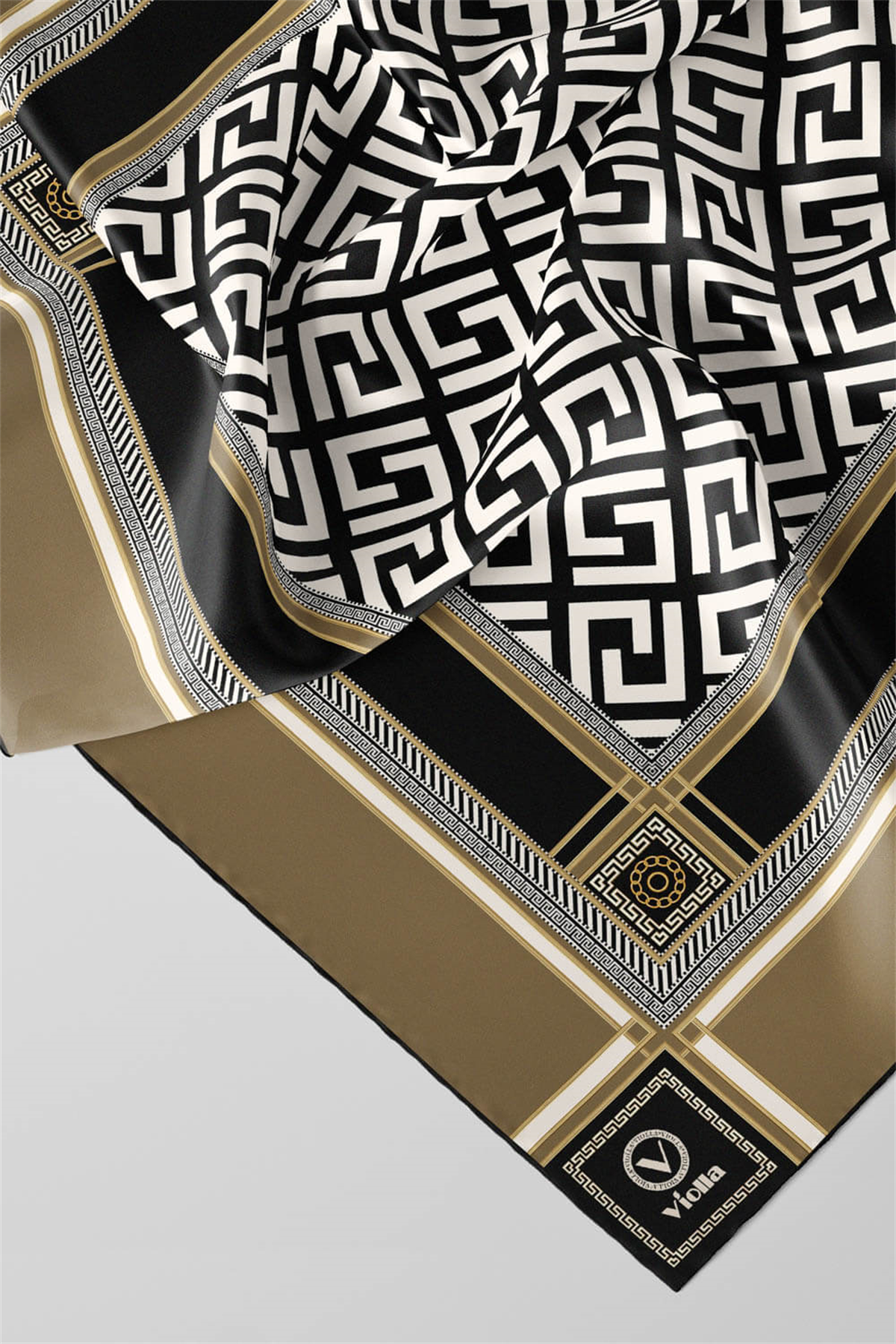 Twill Antik Desenli Bej Renkli 90x90 Eşarp (İpek İçermez) Kenar Dikiş Şekli El Dikişli