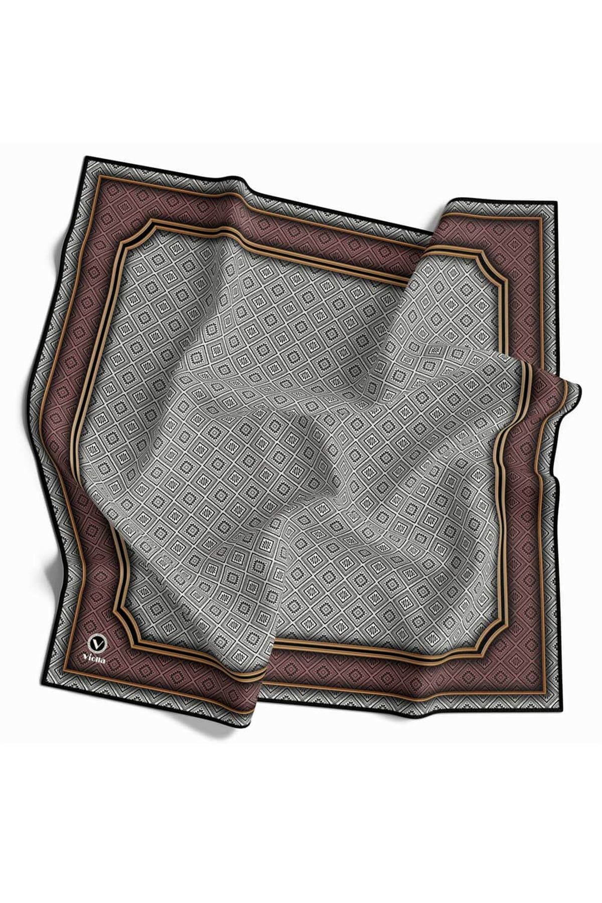 Twill Geometrik Çıtır Desenli Gül Kurusu Renkli 90x90 Eşarp (İpek İçermez) Kenar Dikiş Şekli El Dikişli