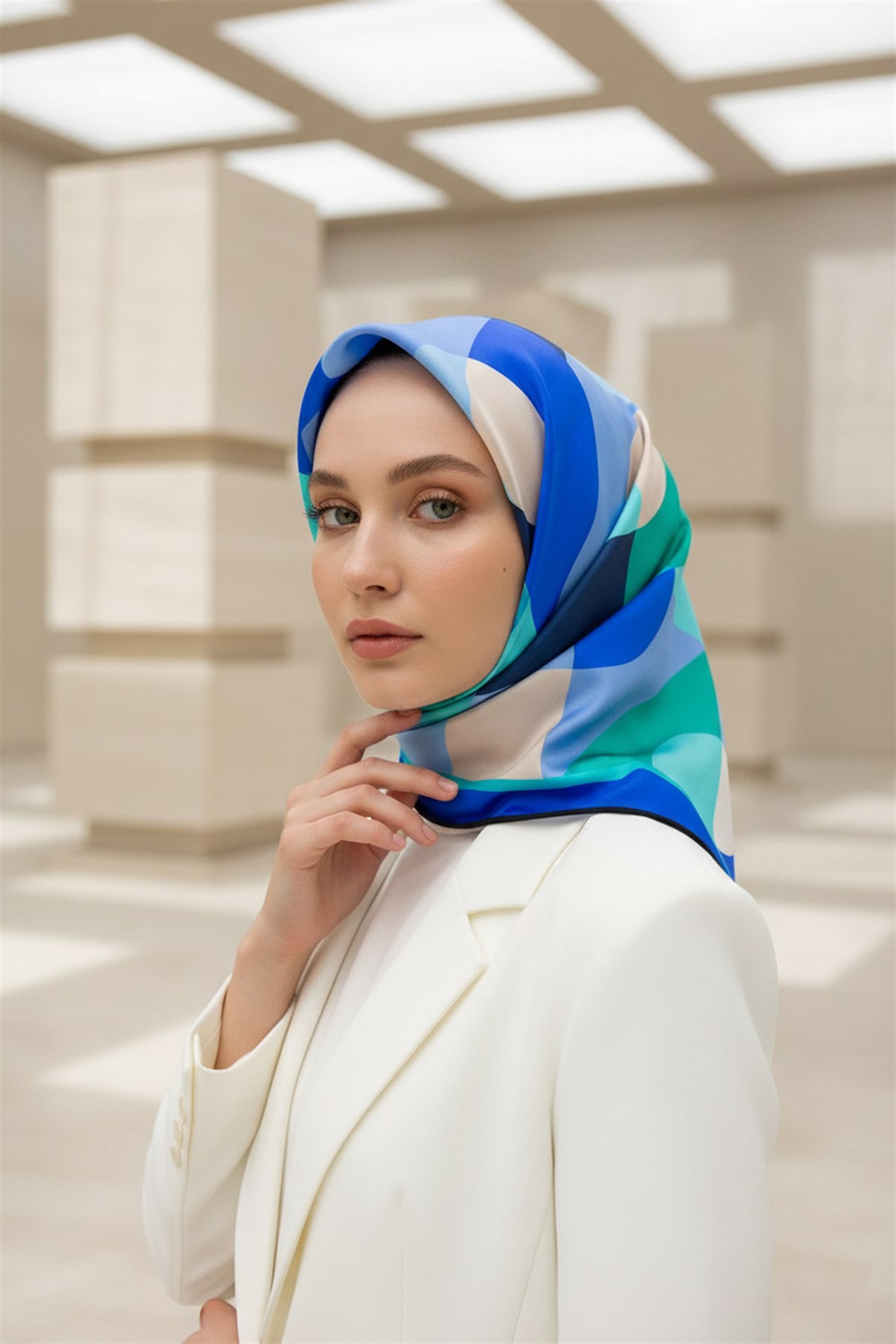 %100 Twill Renk Bloklu Çizgili Desenli Saks - Mint Yeşili Renkli 90x90 Eşarp Dikim Şekli: El Dikişii