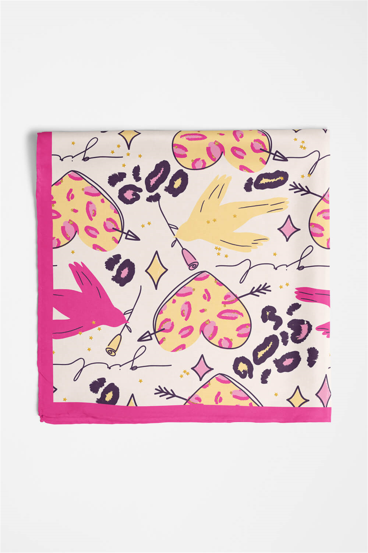 Saten İpek Kalp Desenli Kadın Bandana