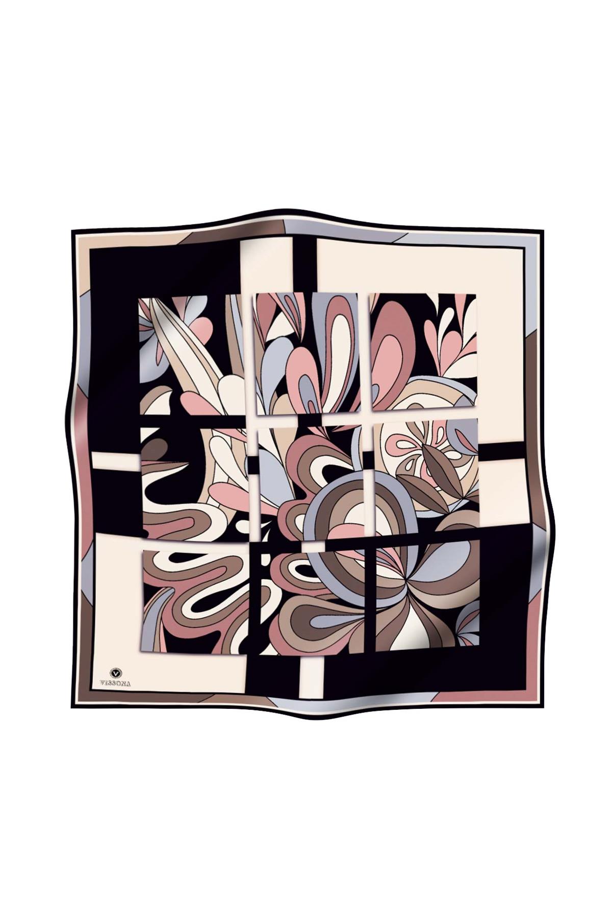 100% Twill İpek Geometrik Desenli Gri - Pudra Renkli 90x90 Dikim Şekli : El Dikişi Eşarp