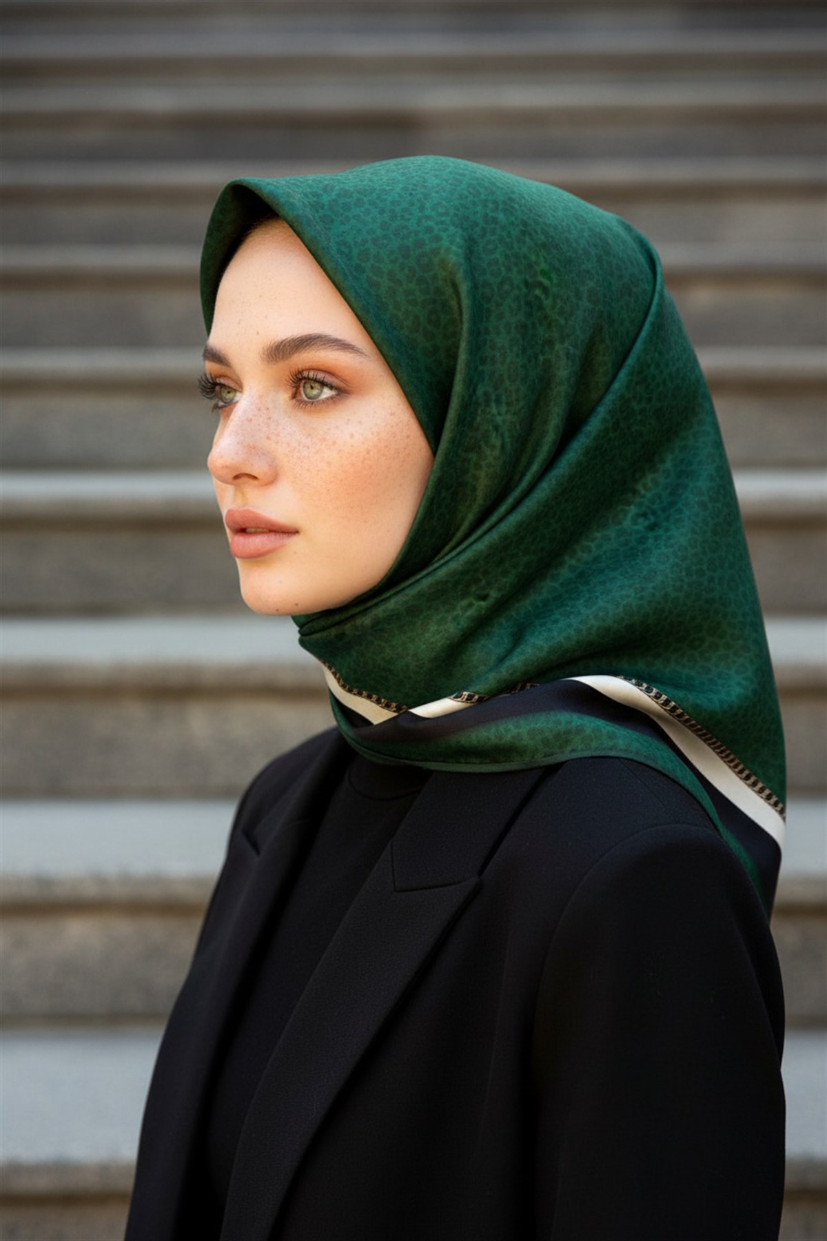 %100 Twill İpek Leopar Desenli Zümrüt Yeşili Renkli 90x90 Eşarp Dikim Şekli : El Dikişi