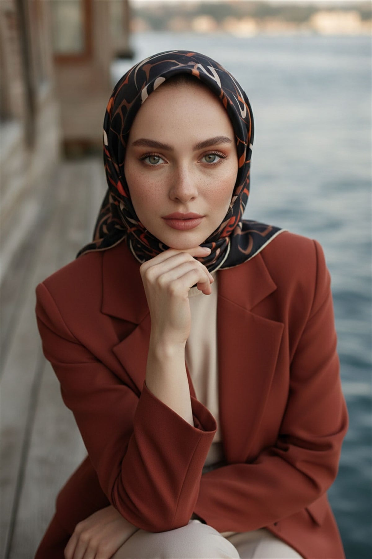 % 57 İPEK % 43 VİSKON Twill İpek Soyut Geometrik Desenli Taba - Sütlü Kahve Renkli 90x90 Eşarp Dikim Şekli : El Dikişi