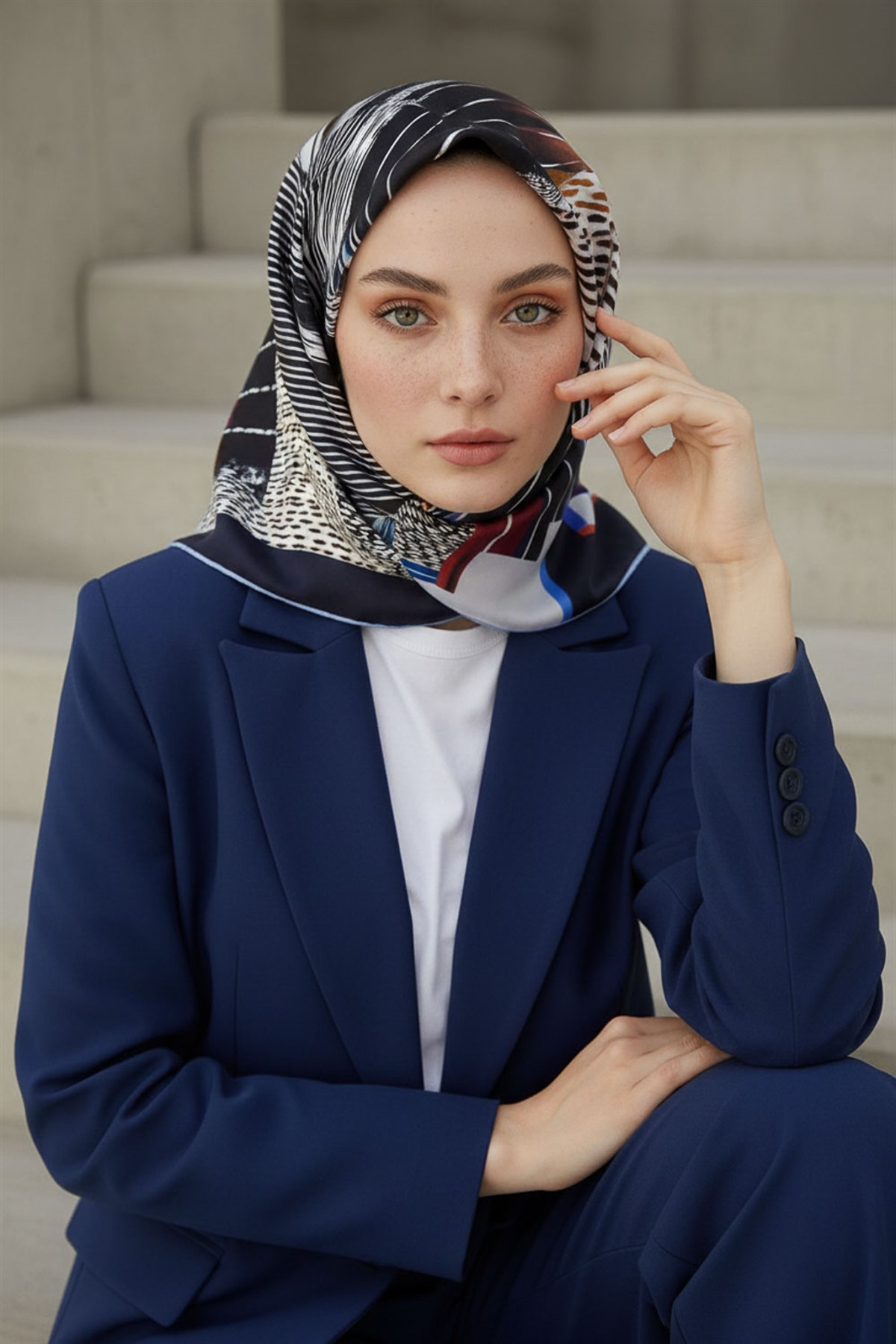 %100 Twill İpek Geometrik Desenli Lacivert - Kırmızı Renkli 90x90 Eşarp Dikim Şekli : El Dikişi