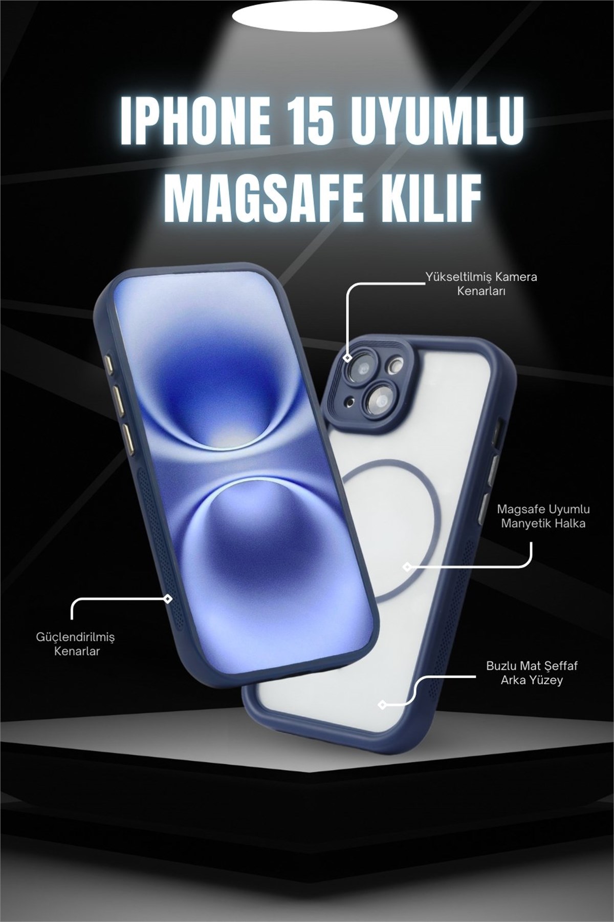 iPhone 15 Kılıf – Kamera Korumalı – MagSafe Uyumlu – Lacivert Renk – Mat Silikon Telefon Kılıfı