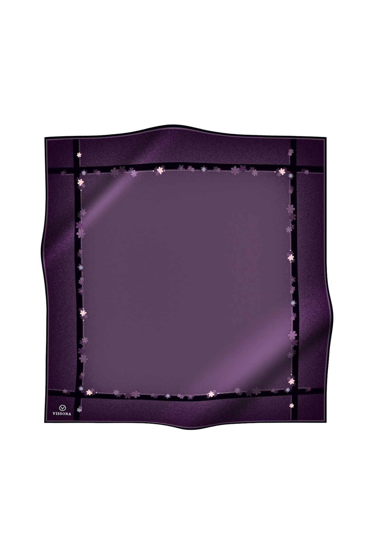%100 Twill İpek Kenar Motifi Çiçek Desenli Mürdüm - Siyah Renkli 90x90 Eşarp Dikim Şekli : El Dikişi