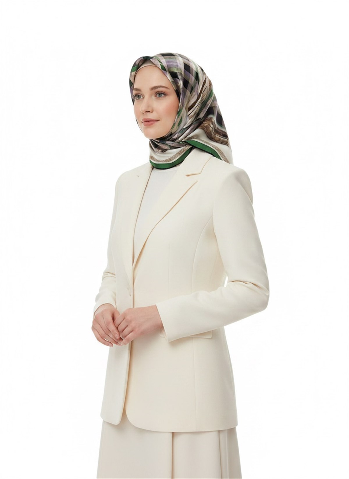 %100 Twill İpek Ekose Desenli Zümrüt Yeşili - Krem Renkli 90x90 Eşarp Dikim Şekli : El Dikişi