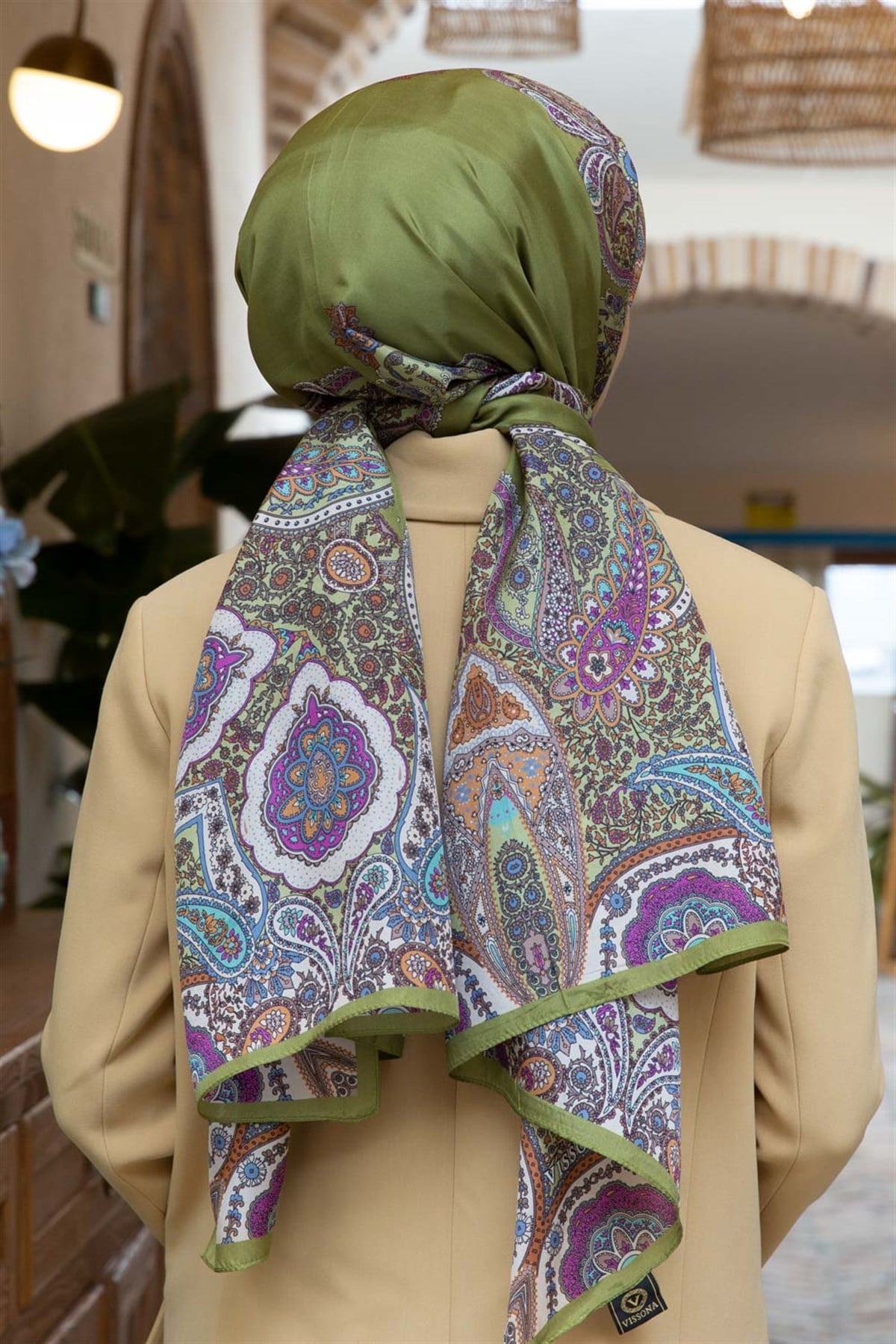 100% İpek Etro Desenli Haki Renkli 92x210 Şal