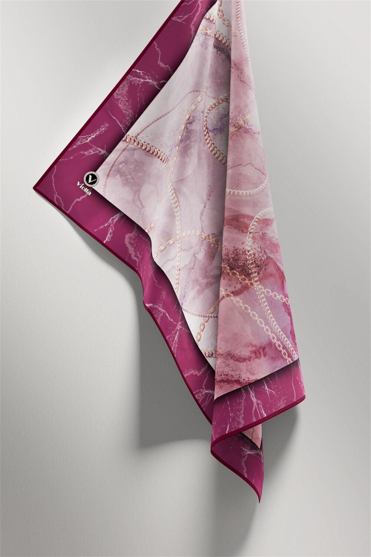 Twill Mermer ve Zincir Desenli Mürdüm Renkli 90x90 Eşarp (İpek İçermez) Kenar Dikiş Şekli El Dikişli
