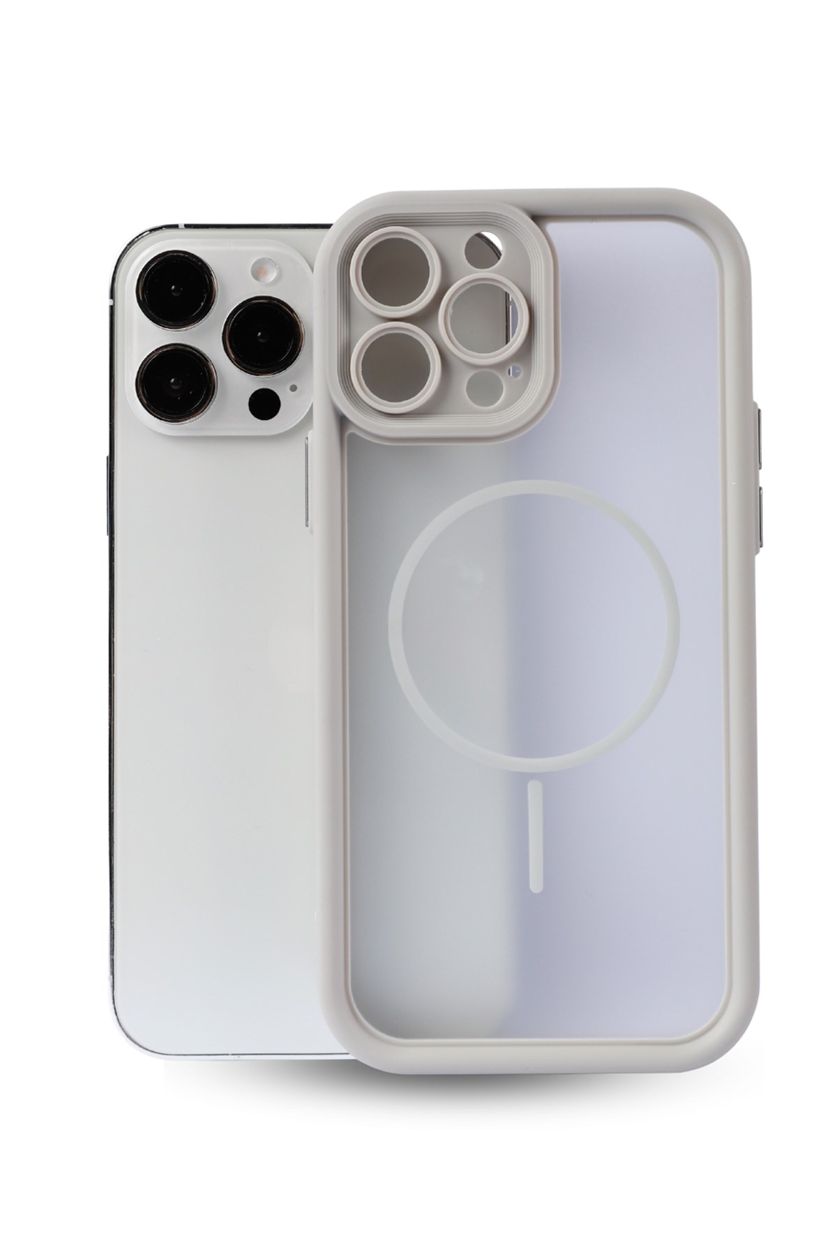 iPhone 15 Pro Max Kılıf – Kamera Korumalı – MagSafe Uyumlu – Gri Renk – Mat Silikon Telefon Kılıfı