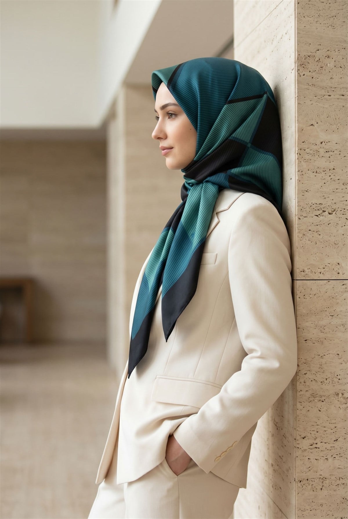 %100 Twill İpek Geometrik Desenli Lacivert Renkli 90x90 Eşarp Dikim Şekli : El Dikişi