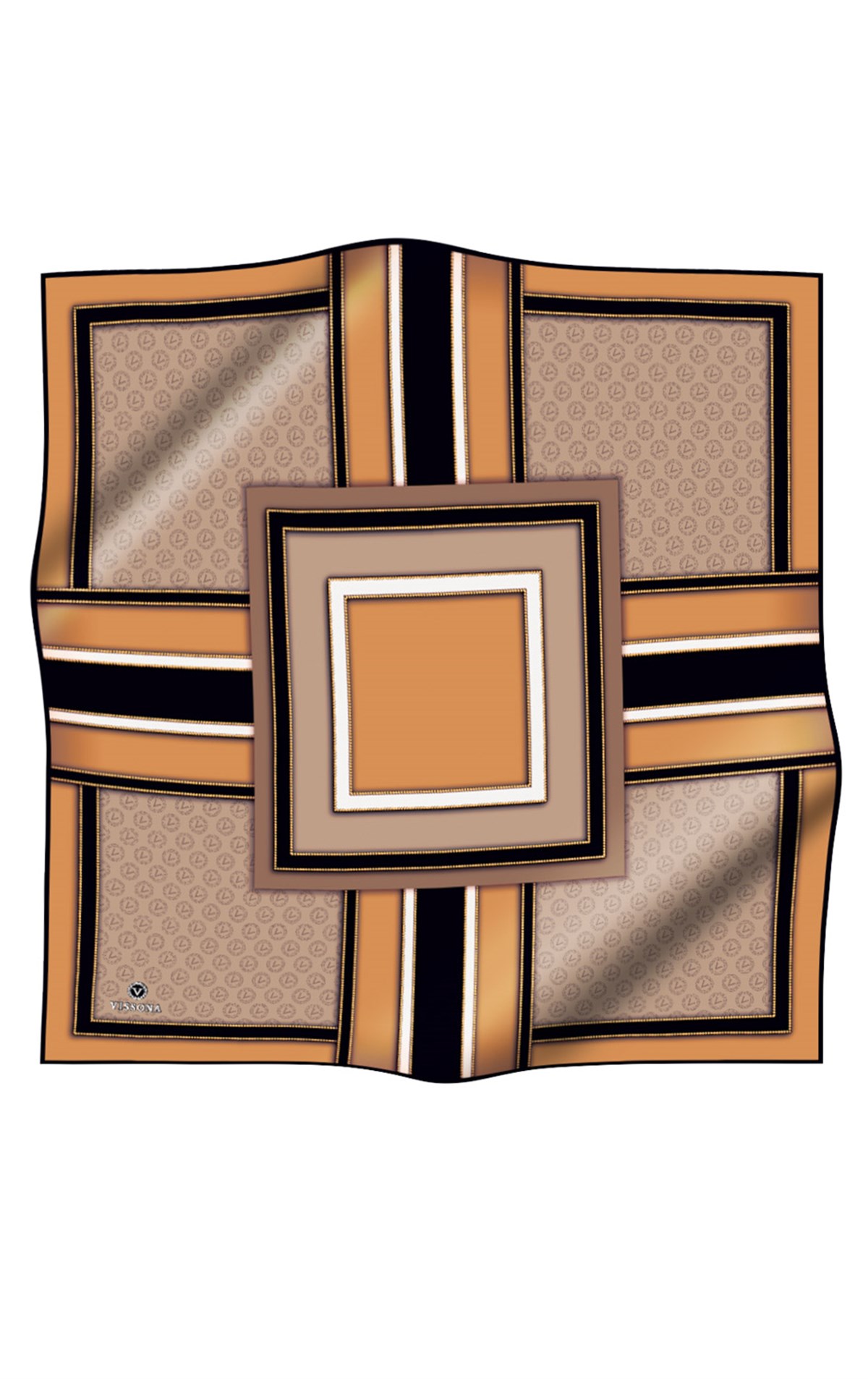 %100 Twill Geometrik Monogram Desenli Gold - Bej Renkli 90x90 Eşarp Kenar Dikiş Şekli : El Dikişli