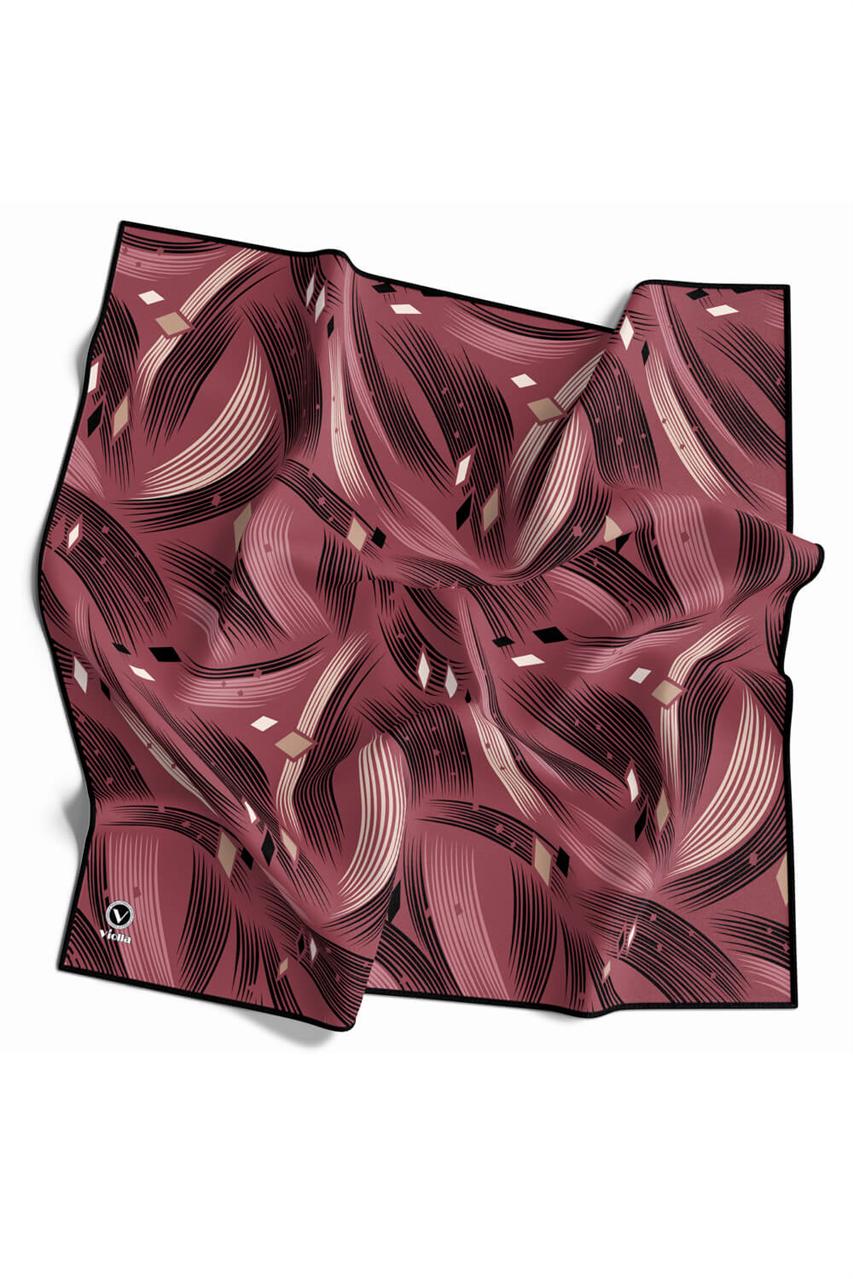 Rayon Geometrik Çizgili Desenli Gül Kurusu Renkli 90x90 Eşarp (İpek İçermez) Kenar Dikiş Şekli El Dikişli