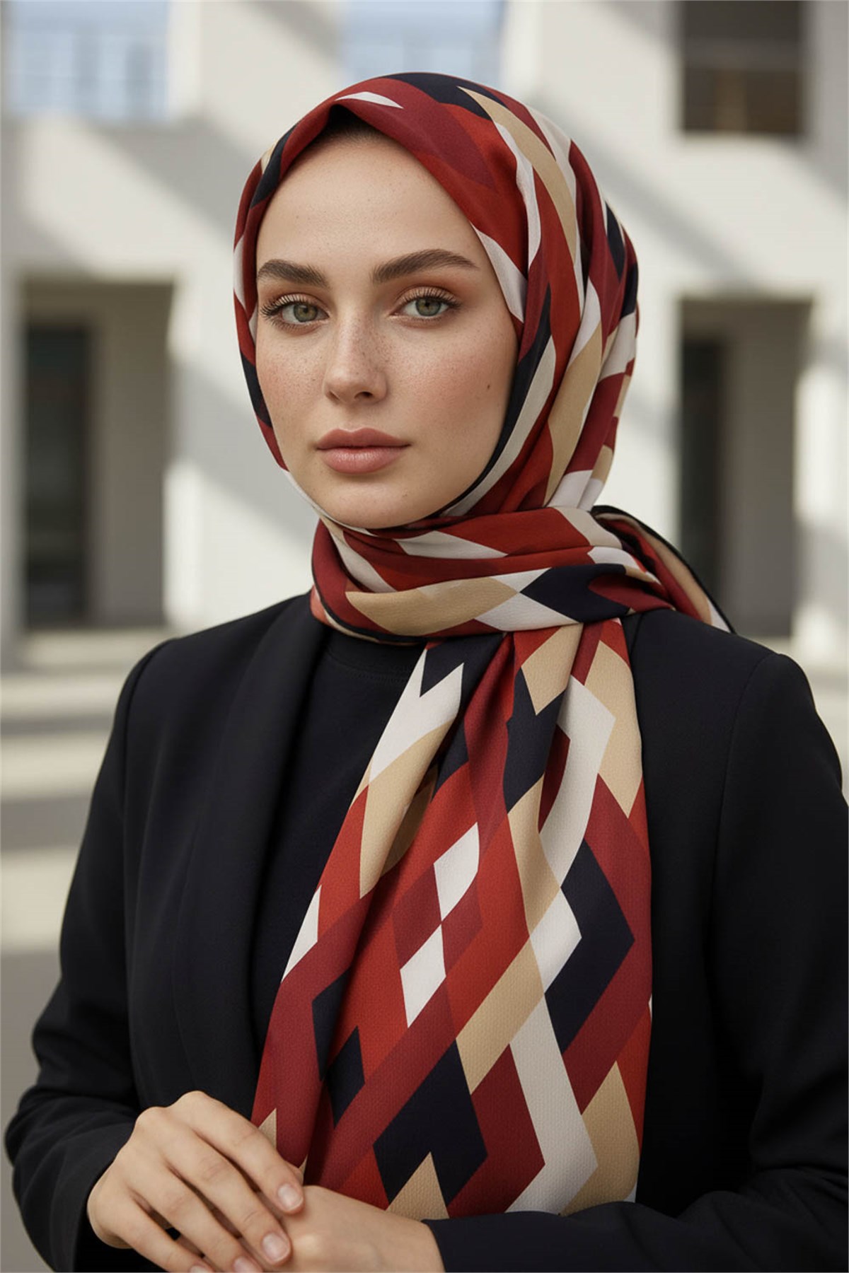 KREP GEOMETRİK DESENLİ BORDO - SİYAH RENKLİ 75X195 KIRIŞMAZ ŞAL