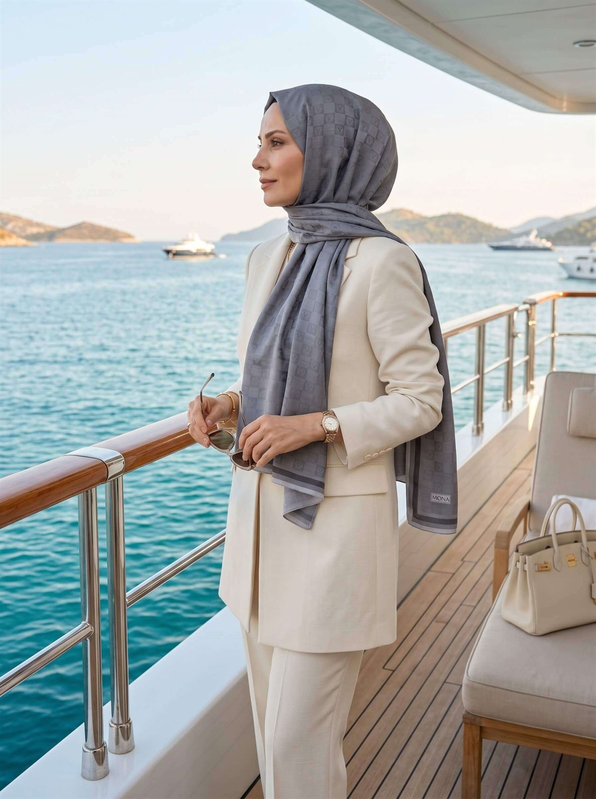 %57 İpek %43 Pamuk Monogram Dokumalı Gri-Füme Renkli 70X190 Yumuşak Dökümlü Şal