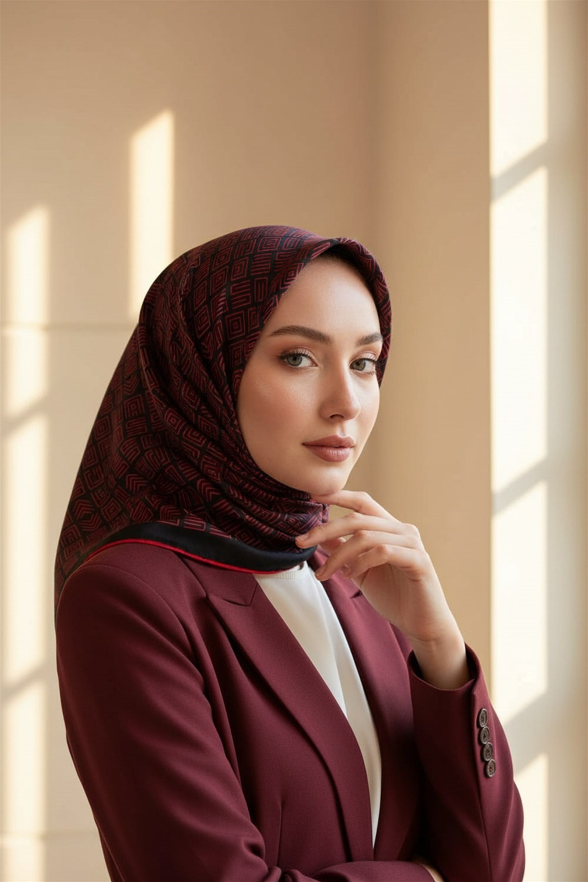 100% Twill İpek Etnik Motif Desenli Siyah - Kırmızı Renkli 90x90 Dikim Şekli : El Dikişi Eşarp
