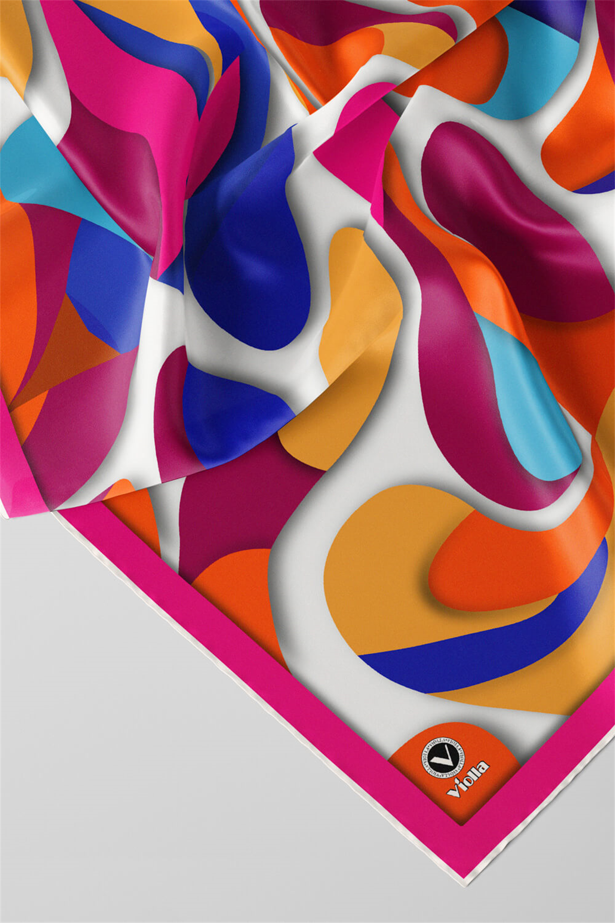 Twill Soyut Geometrik Desenli Fuşya - Turuncu Renkli 90x90 Eşarp (İpek İçermez) Dikim Şekli : El Dikişi