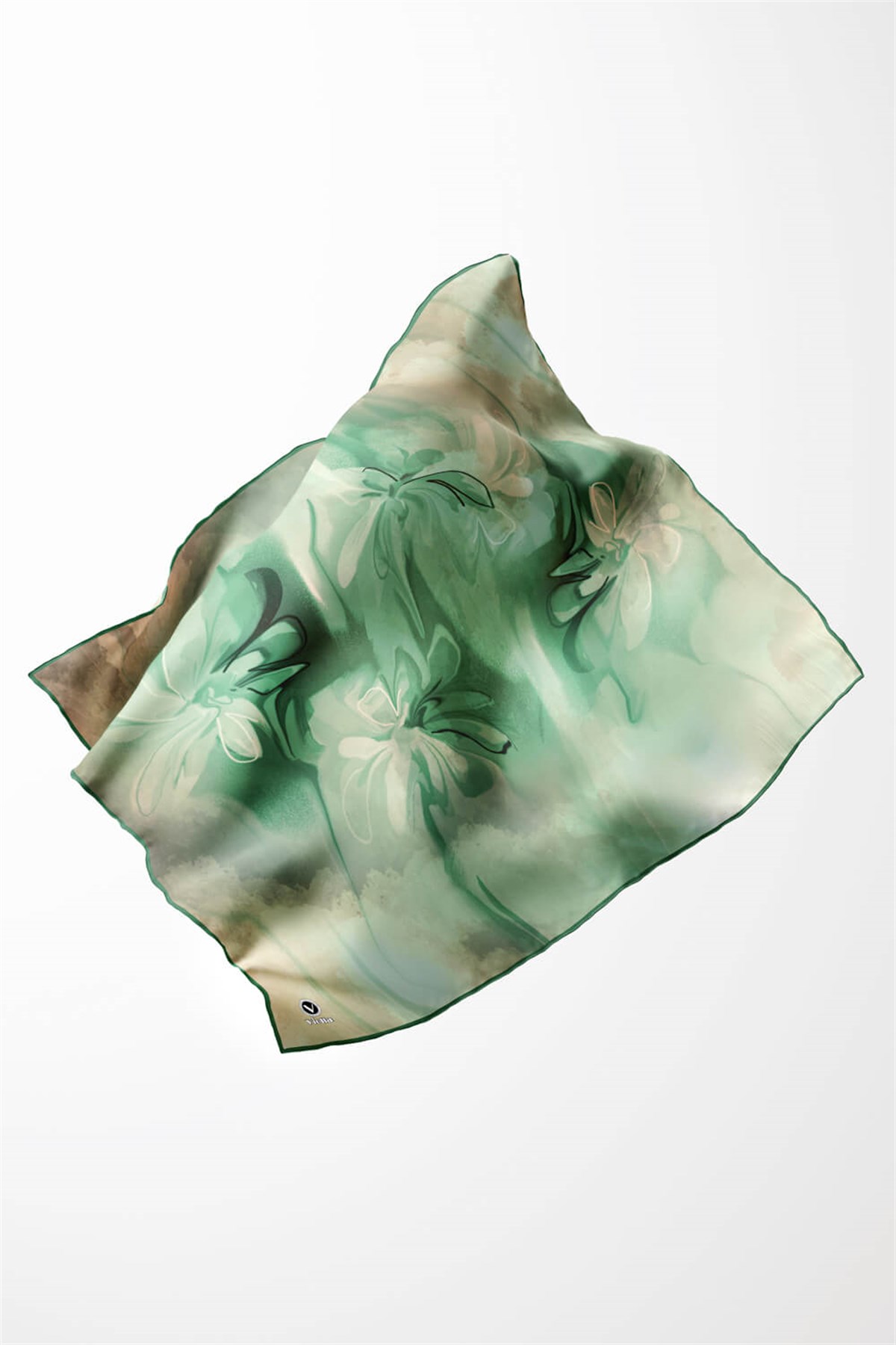 Twill Batik Çiçek Desenli Mint Yeşili Renkli 90x90 Eşarp (İpek İçermez) Kenar Dikiş Şekli El Dikişli