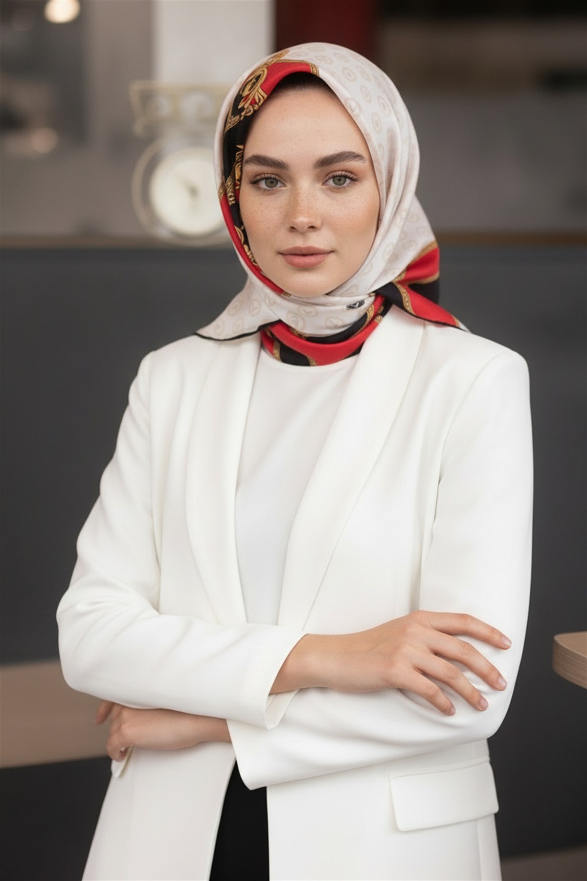 %100 Twill İpek Monogramlı Ve Barok Desenli Kırmızı - Krem Renkli 90x90 Eşarp Dikim Şekli : El Dikişi