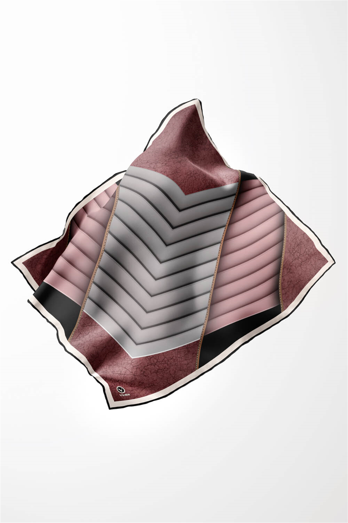Twill Zigzag Desenli Gül Kurusu Renkli 90x90 Eşarp (İpek İçermez) Kenar Dikiş Şekli El Dikişli