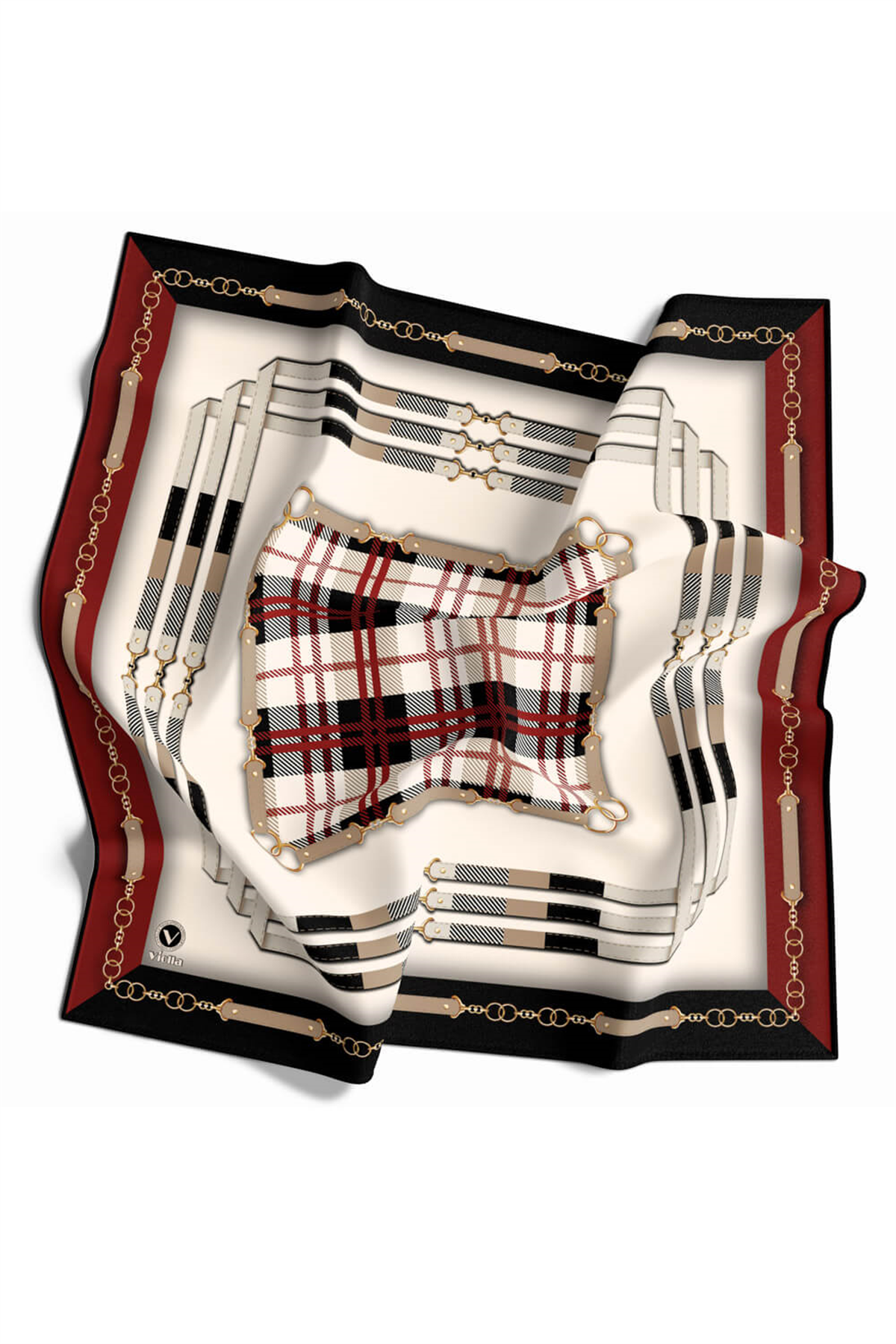 Twill Ekoseli Ve Zincir Desenli Bordo Renkli 90x90 Eşarp (İpek İçermez) Dikim Şekli : El Dikişi