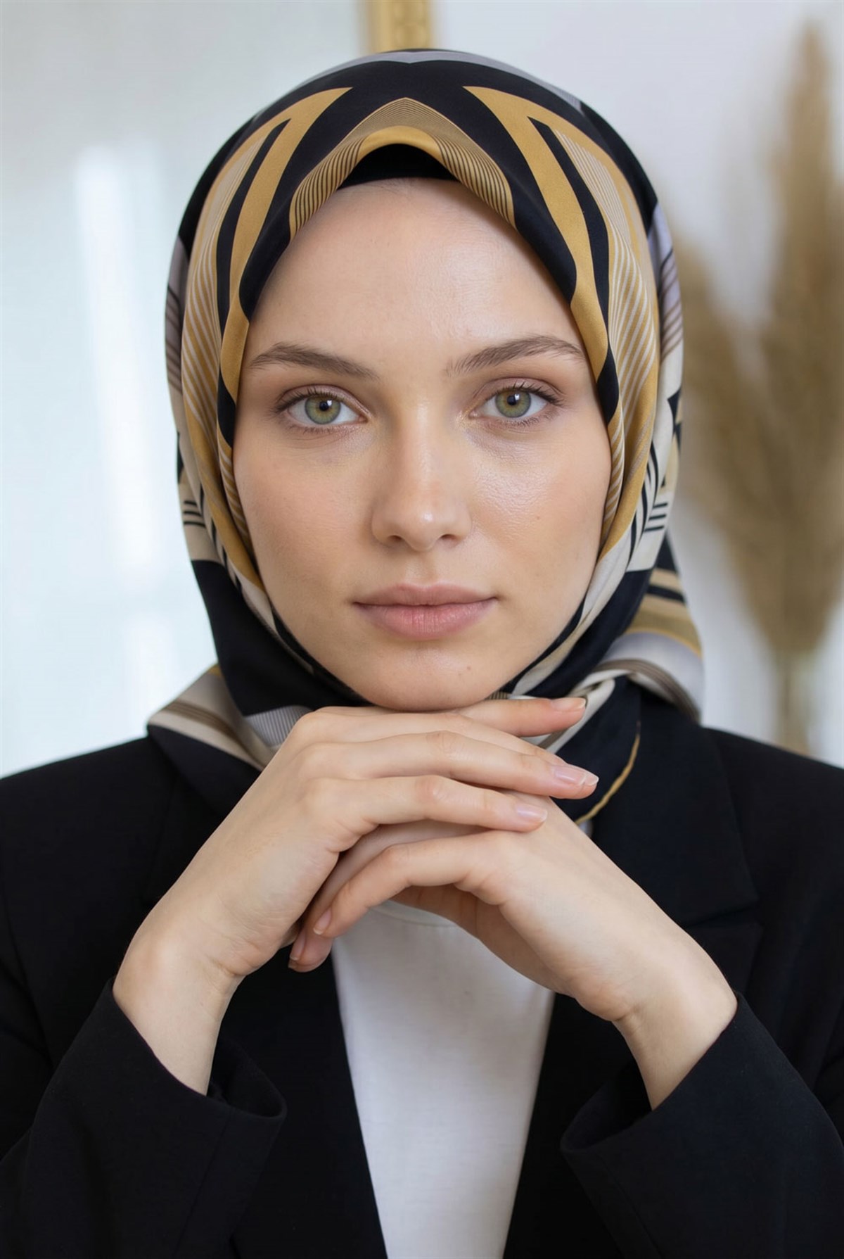 %100 Twill İpek Kare Desenli Siyah - Gold Renkli 90x90 Eşarp Kenar Dikiş Şekli El Dikişli