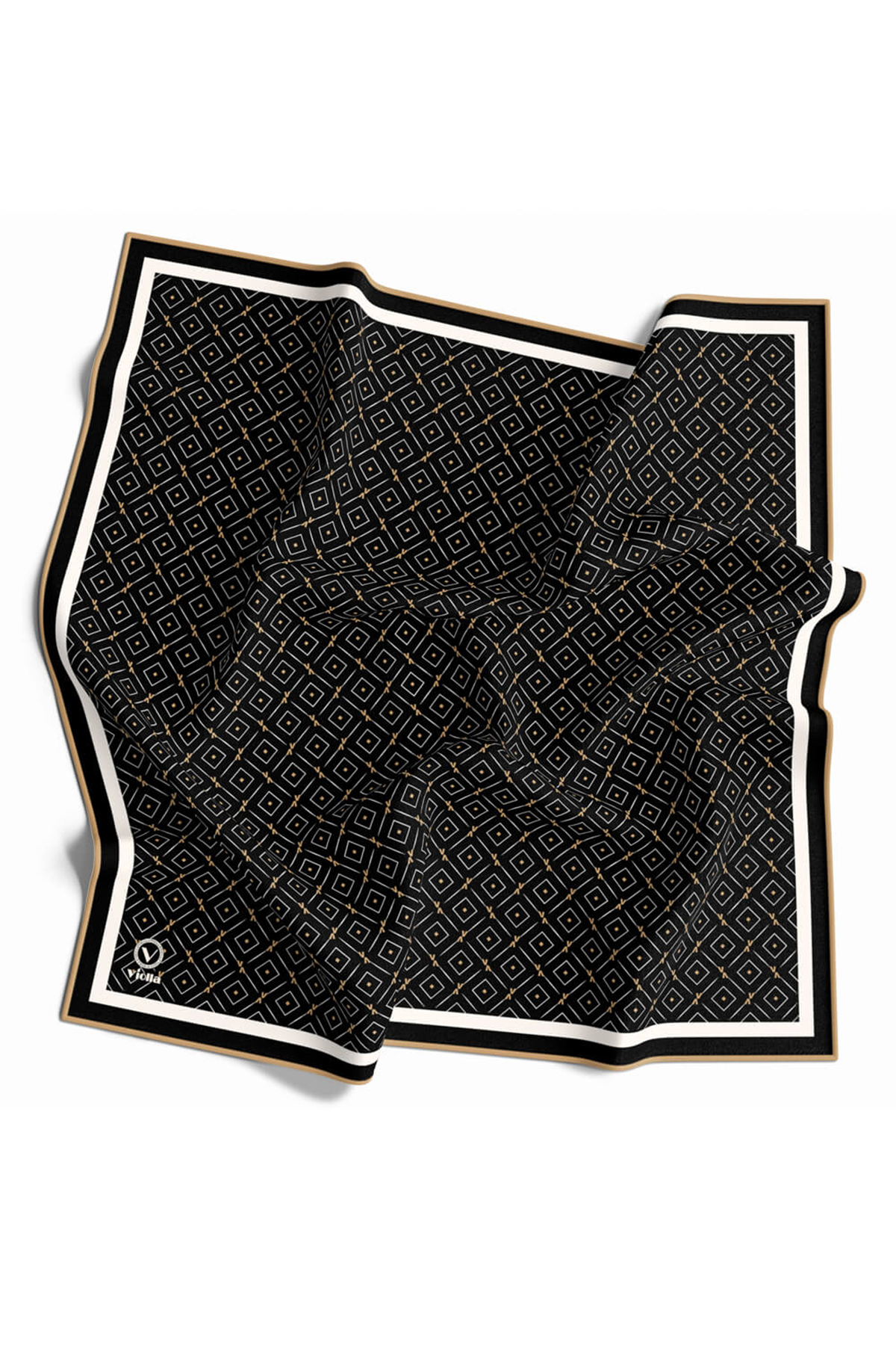 Twill Çıtır Geometrik Desenli Siyah Renkli 90x90 Eşarp (İpek İçermez) Kenar Dikiş Şekli El Dikişli