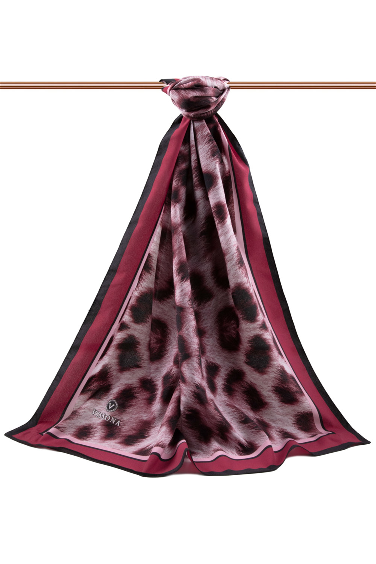 LÜKS MEDİNE İPEĞİ LEOPAR DESENLİ BORDO RENKLİ 75X195 KIRIŞMAZ ŞAL MOSS KREP DİKİŞ TİPİ İTALYAN DİKİŞLİ