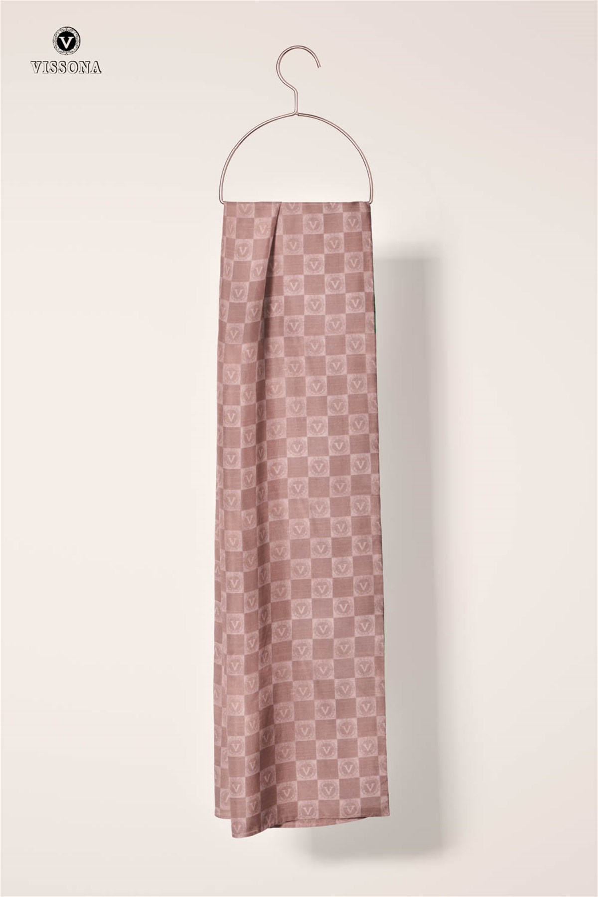 Vissona %57 İPEK %43 PAMUK Monogram Desenli Bakır Renkli Şal -  70x190 Dikiş Tipi İtalyan Dikişli