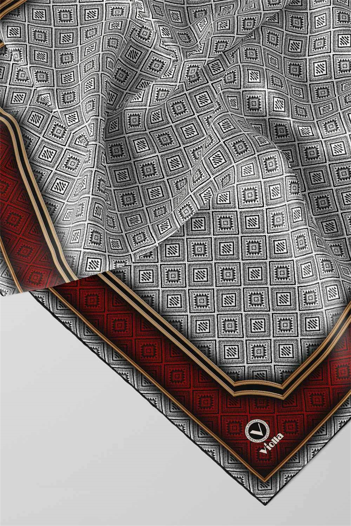Twill Geometrik Çıtır Desenli Bordo Renkli 90x90 Eşarp (İpek İçermez) Kenar Dikiş Şekli El Dikişli