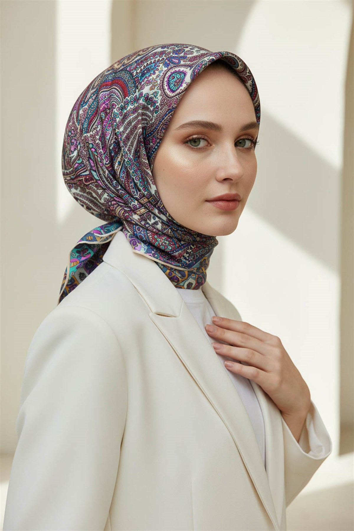 %100 Twill İpek Etro Desenli Krem Renkli 90x90 Eşarp Dikim Şekli : El Dikişi