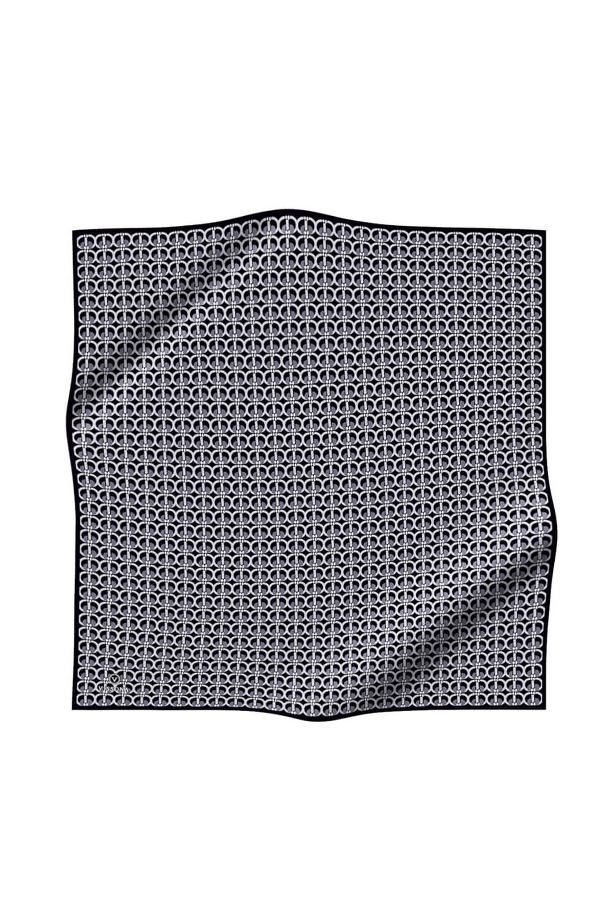 %100 Twill İpek Geometrik Desenli Siyah - Füme Renkli 90x90 Eşarp Dikim Şekli : El Dikişi